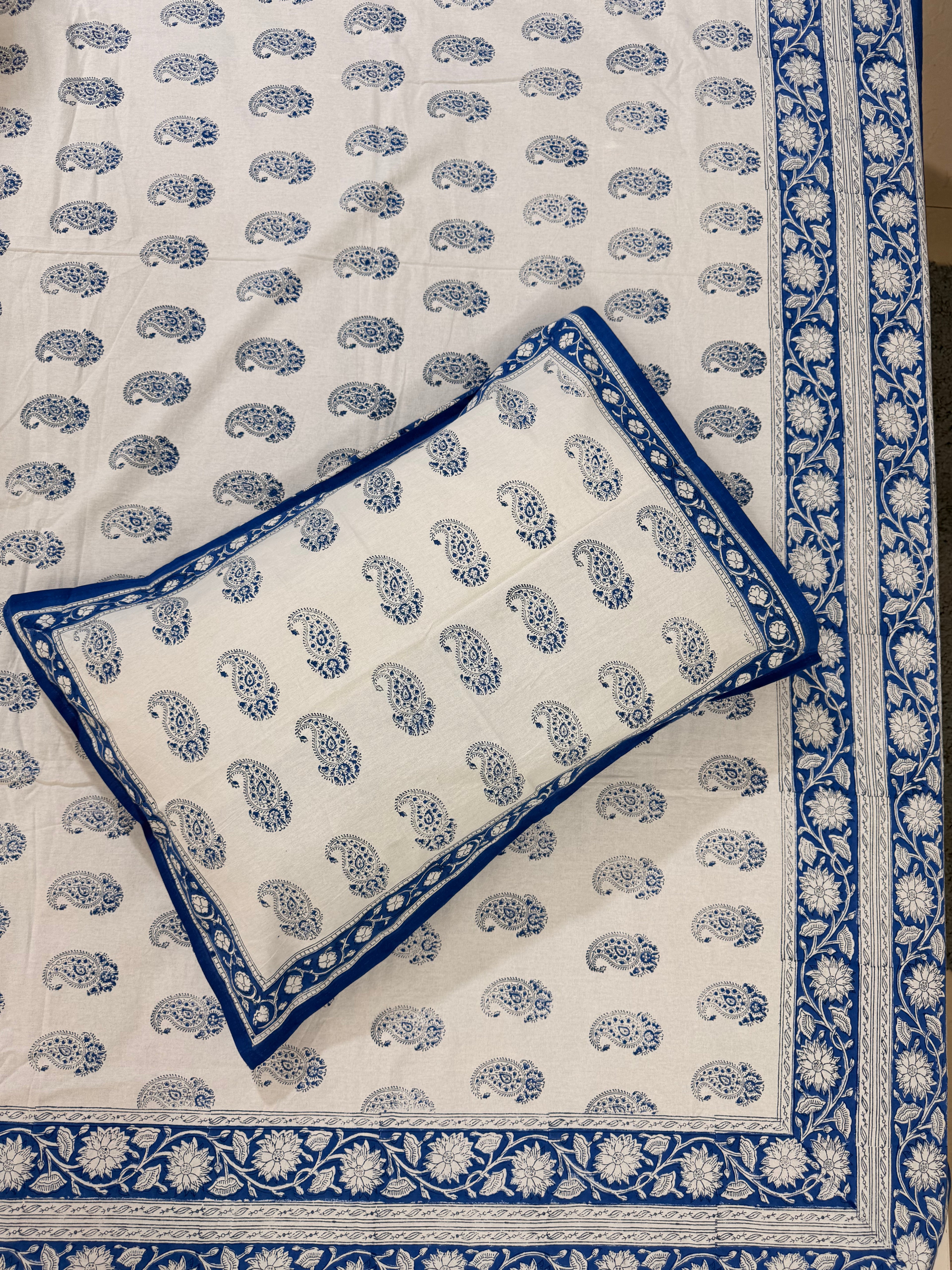 Hand block print on premium south cotton fabric bedsheet (All over Indigo blue Ambi print)