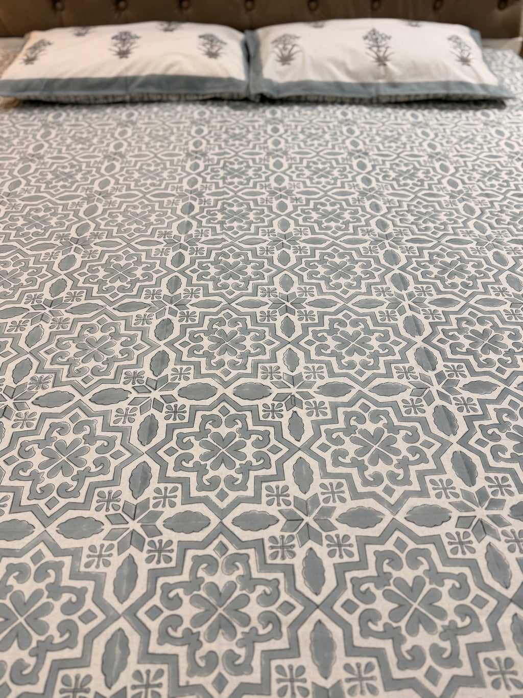 Hand block print on premium south cotton fabric bedsheet (Geometrical all over Grey)