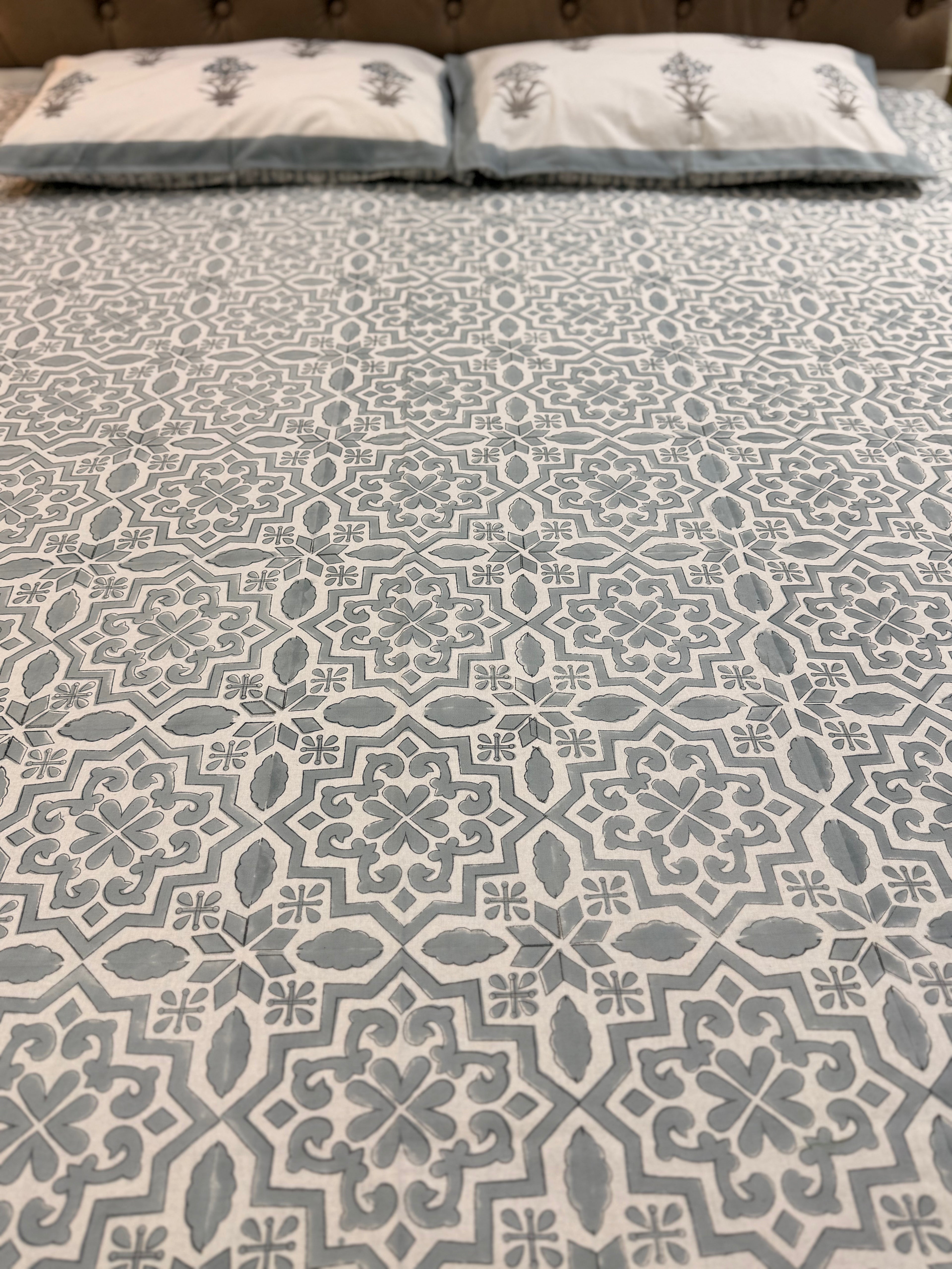 Hand block print on premium south cotton fabric bedsheet (Geometrical all over Grey)