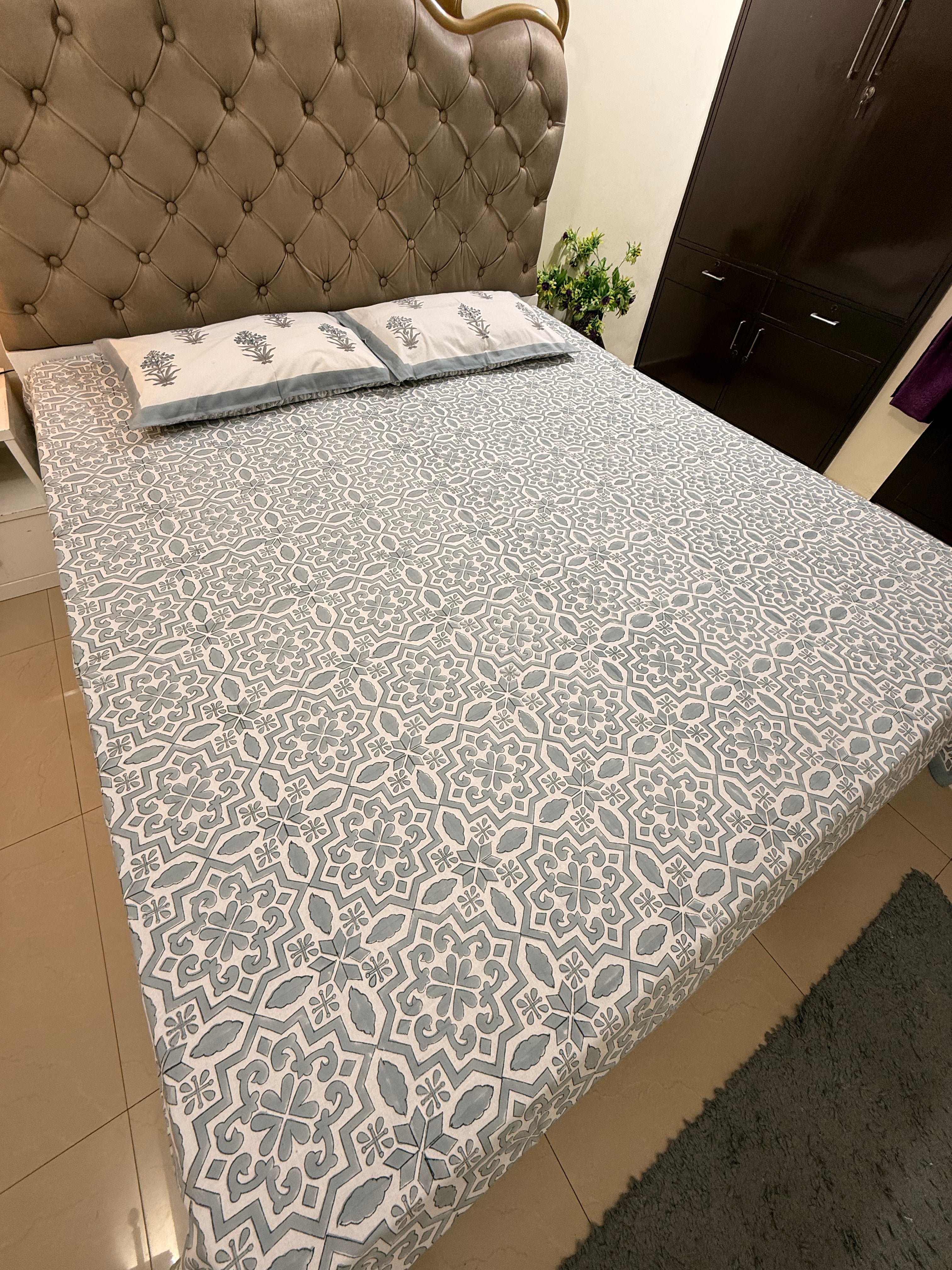 Hand block print on premium south cotton fabric bedsheet (Geometrical all over Grey)