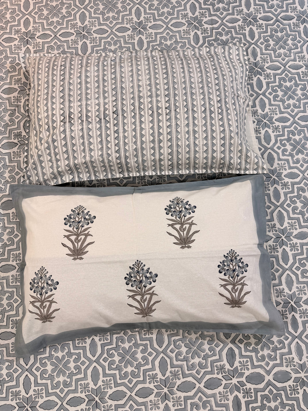 Hand block print on premium south cotton fabric bedsheet (Geometrical all over Grey)