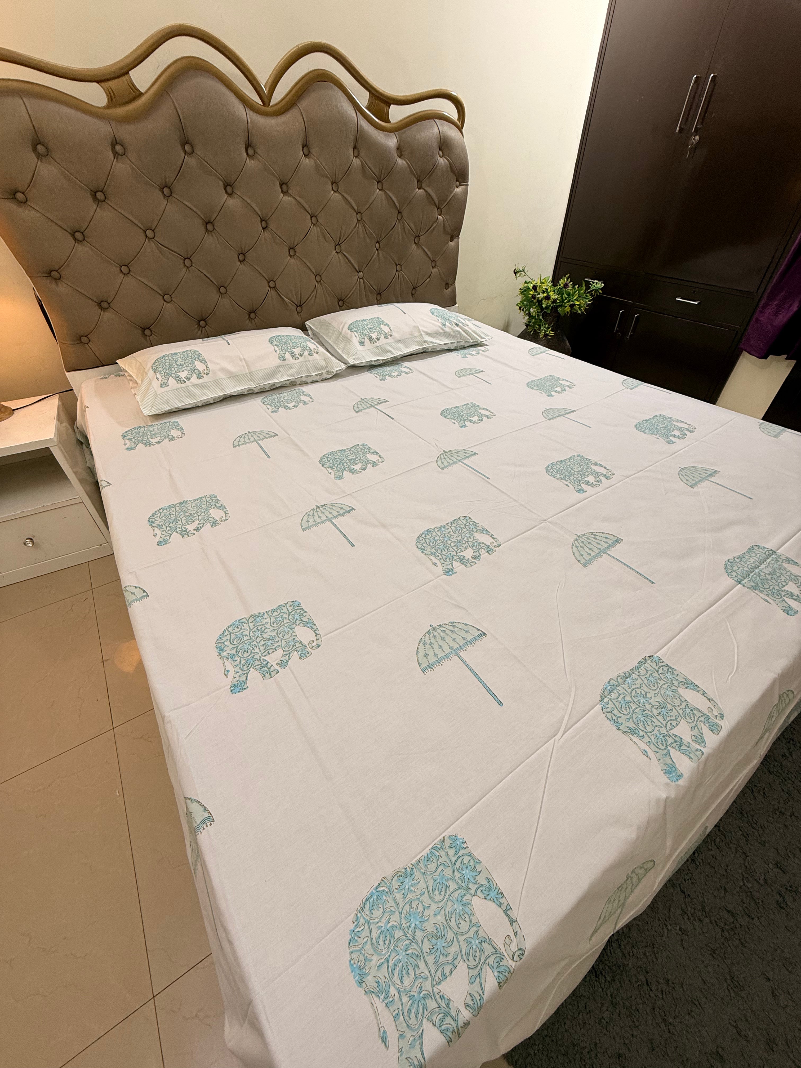 MAMA needs Premium California King Hast Kala Percale Cotton Bedsheets (Royal Elephant Umbrella Print) 108X108 inches
