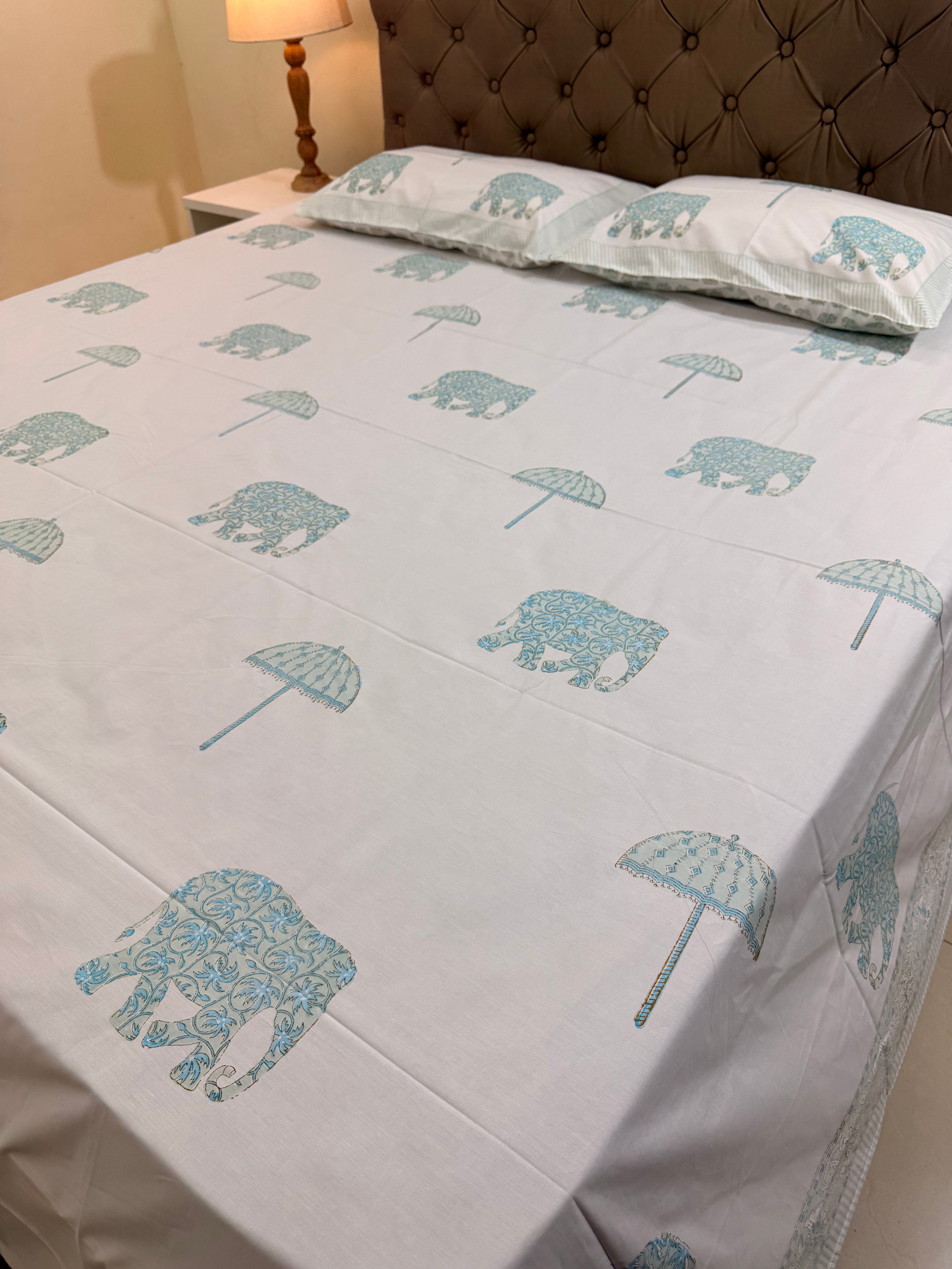 MAMA needs Premium California King Hast Kala Percale Cotton Bedsheets (Royal Elephant Umbrella Print) 108X108 inches