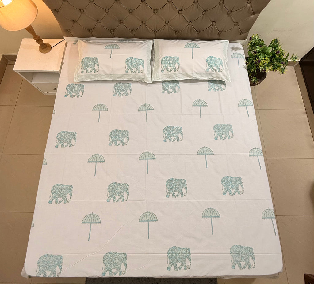 MAMA needs Premium California King Hast Kala Percale Cotton Bedsheets (Royal Elephant Umbrella Print) 108X108 inches