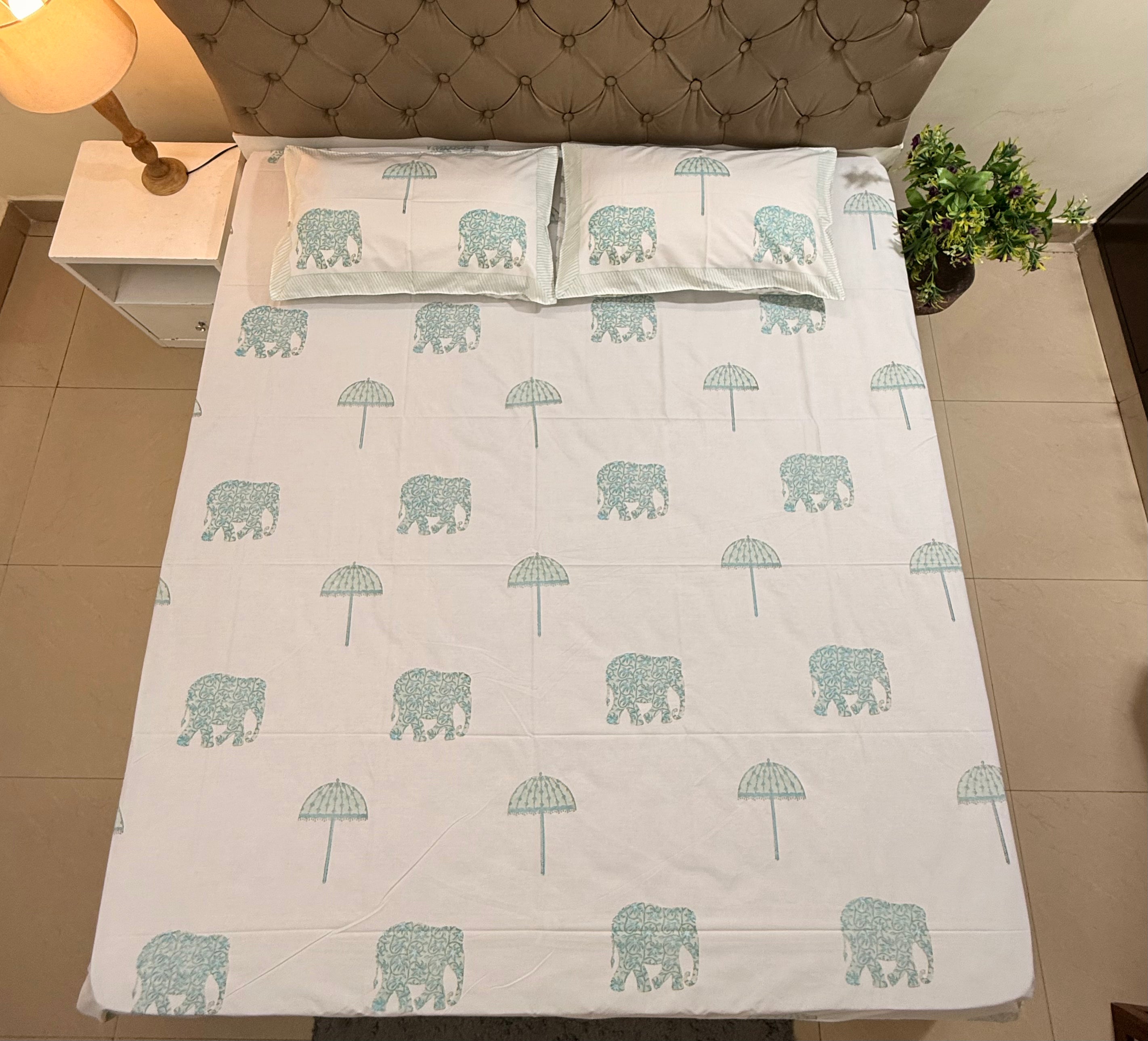 MAMA needs Premium California King Hast Kala Percale Cotton Bedsheets (Royal Elephant Umbrella Print) 108X108 inches
