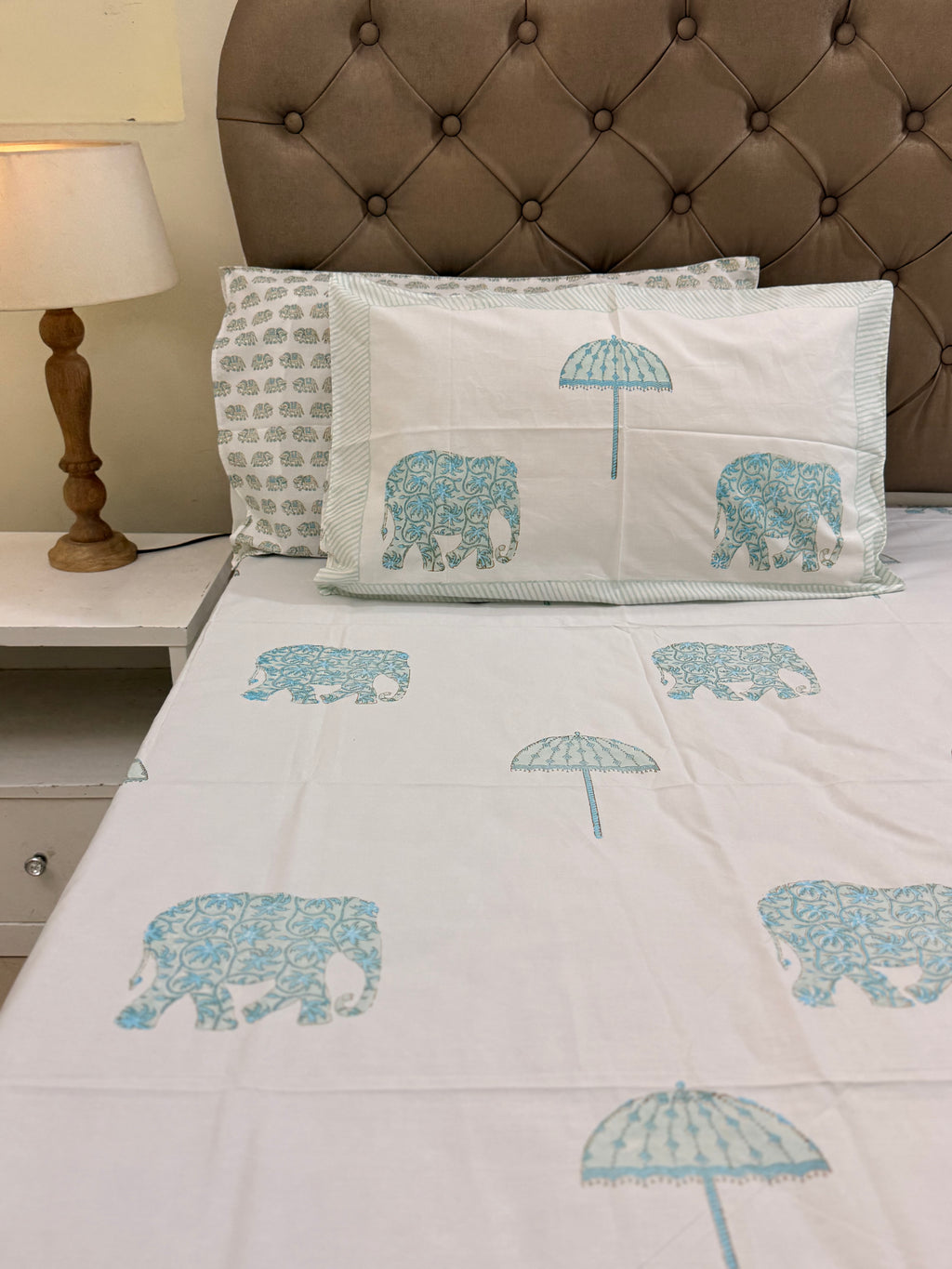 MAMA needs Premium California King Hast Kala Percale Cotton Bedsheets (Royal Elephant Umbrella Print) 108X108 inches