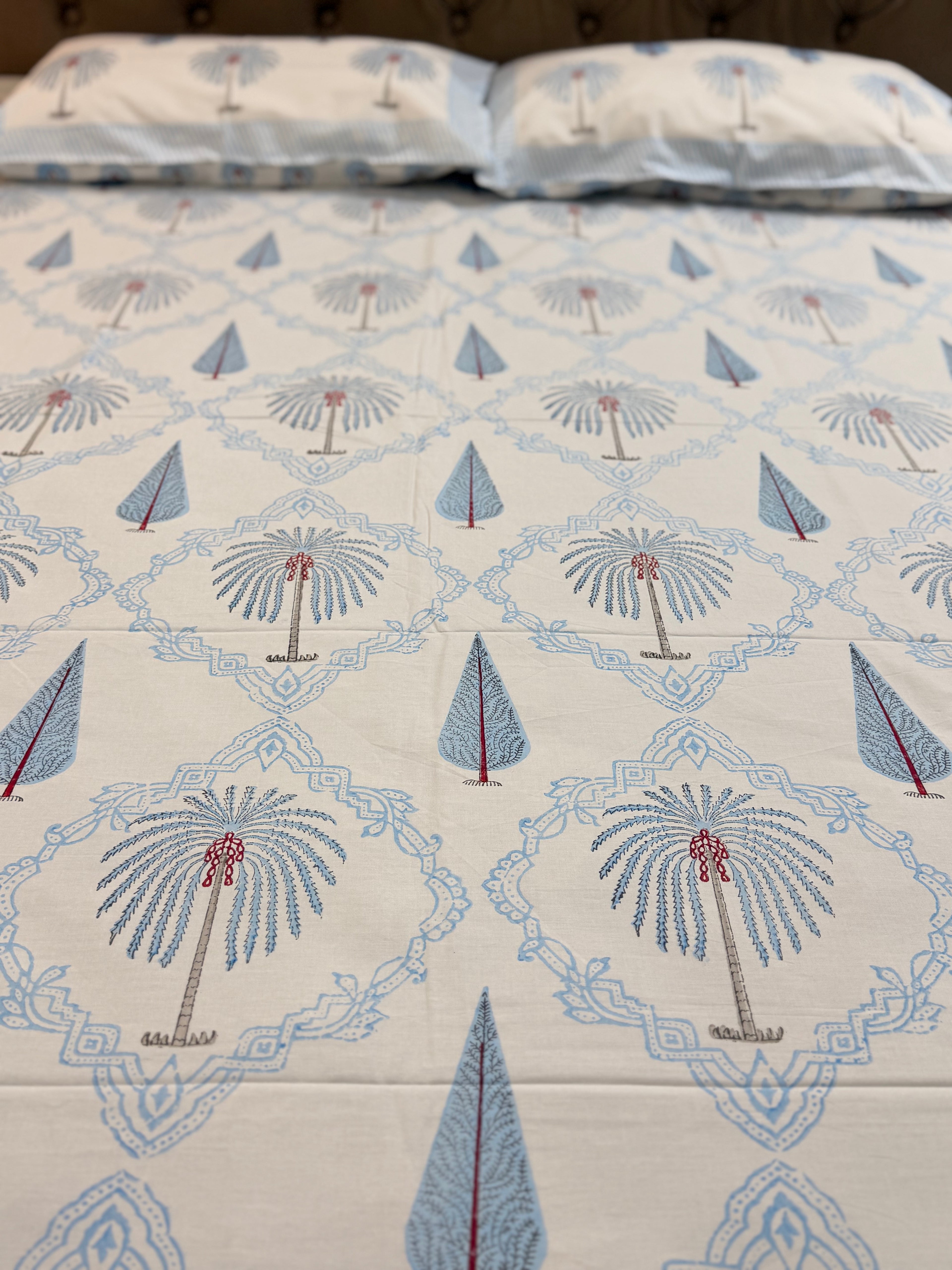 MAMA needs Premium California King Hast Kala Percale Cotton Bedsheets (Date Palm Blue) 108X108 inches