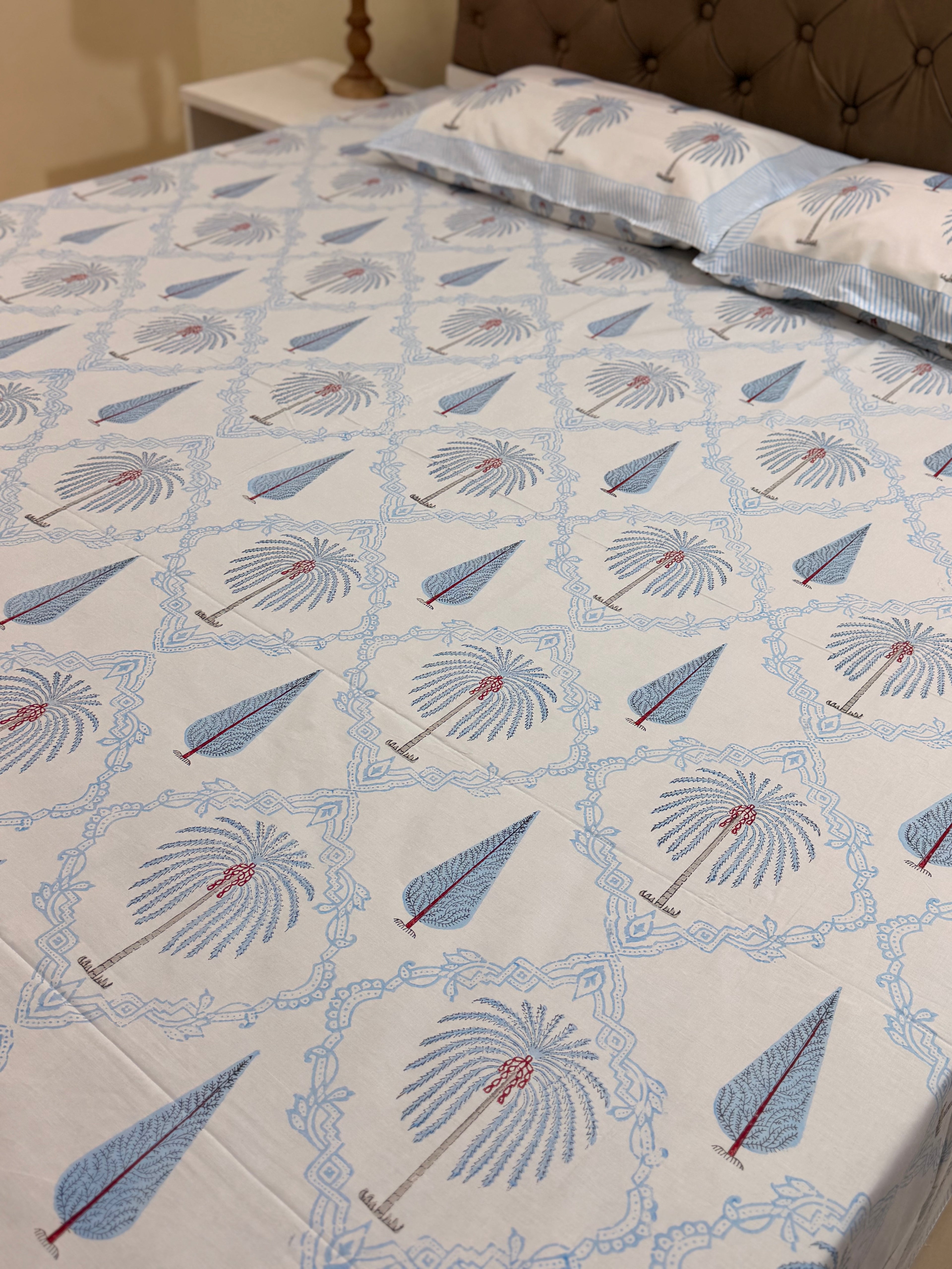 MAMA needs Premium California King Hast Kala Percale Cotton Bedsheets (Date Palm Blue) 108X108 inches