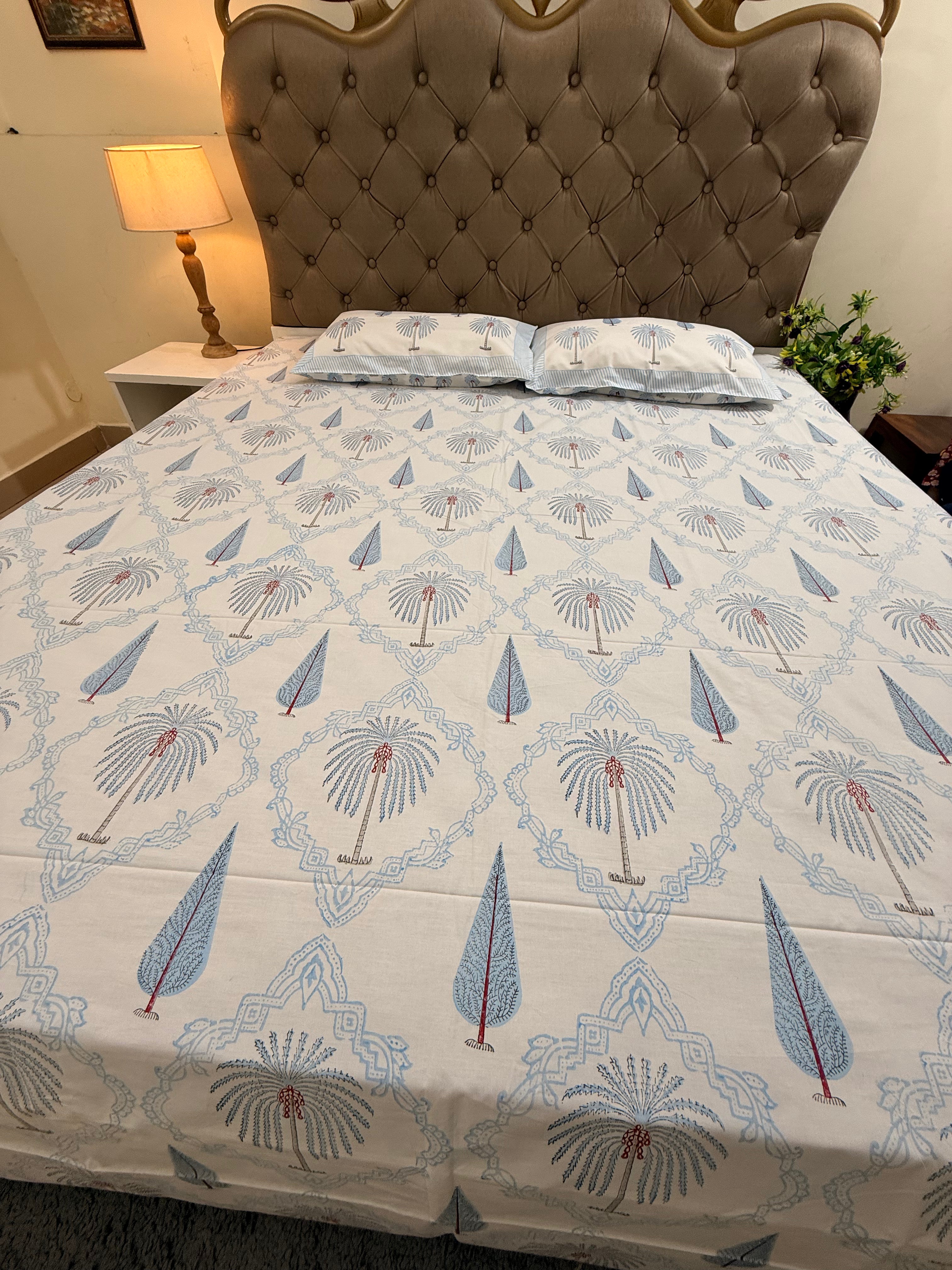 MAMA needs Premium California King Hast Kala Percale Cotton Bedsheets (Date Palm Blue) 108X108 inches