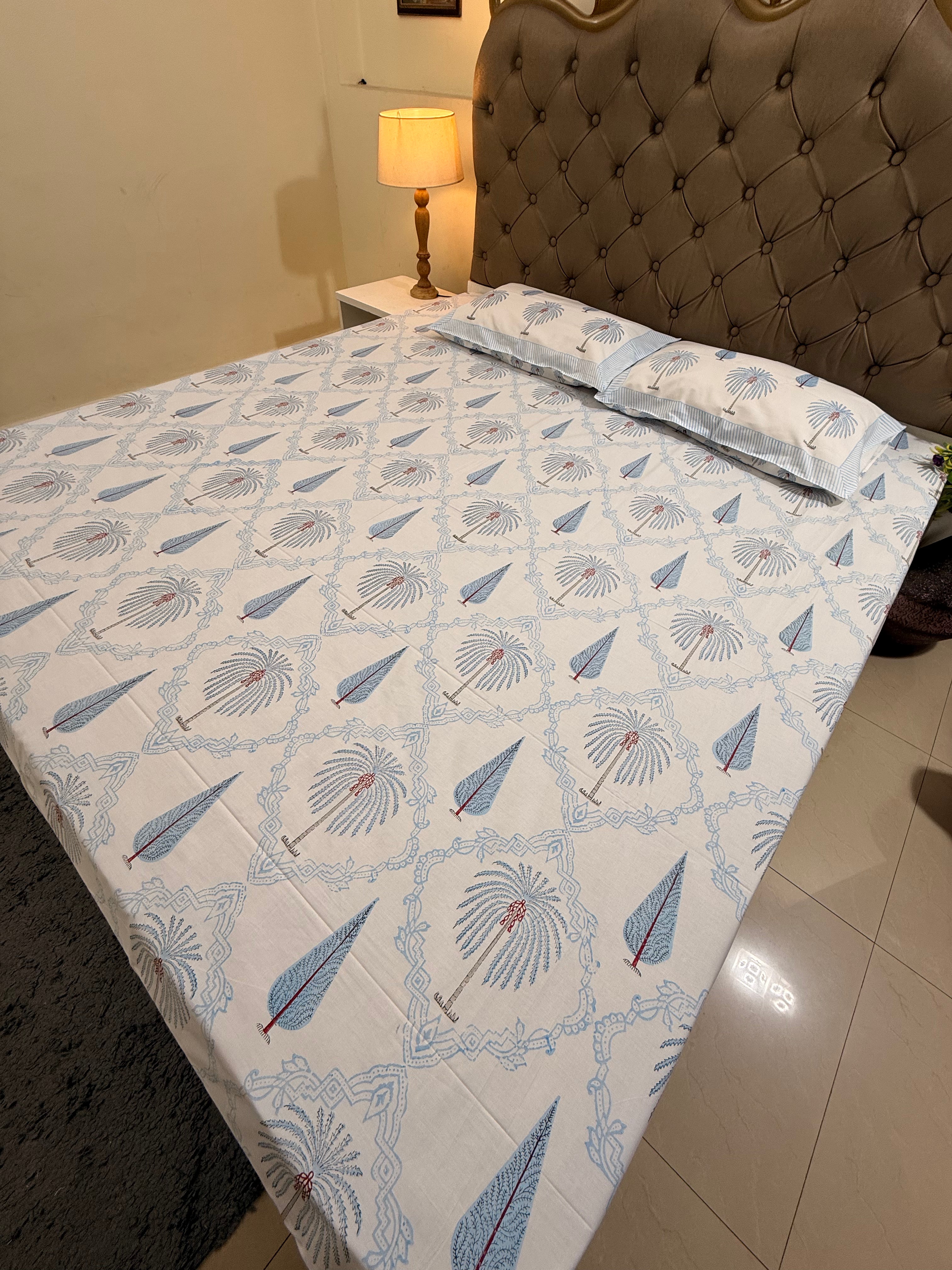 MAMA needs Premium California King Hast Kala Percale Cotton Bedsheets (Date Palm Blue) 108X108 inches