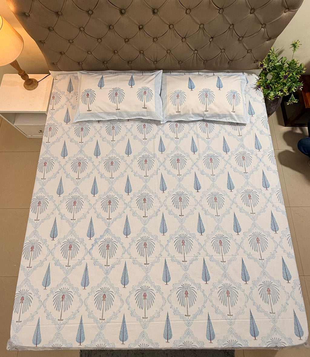 MAMA needs Premium California King Hast Kala Percale Cotton Bedsheets (Date Palm Blue) 108X108 inches