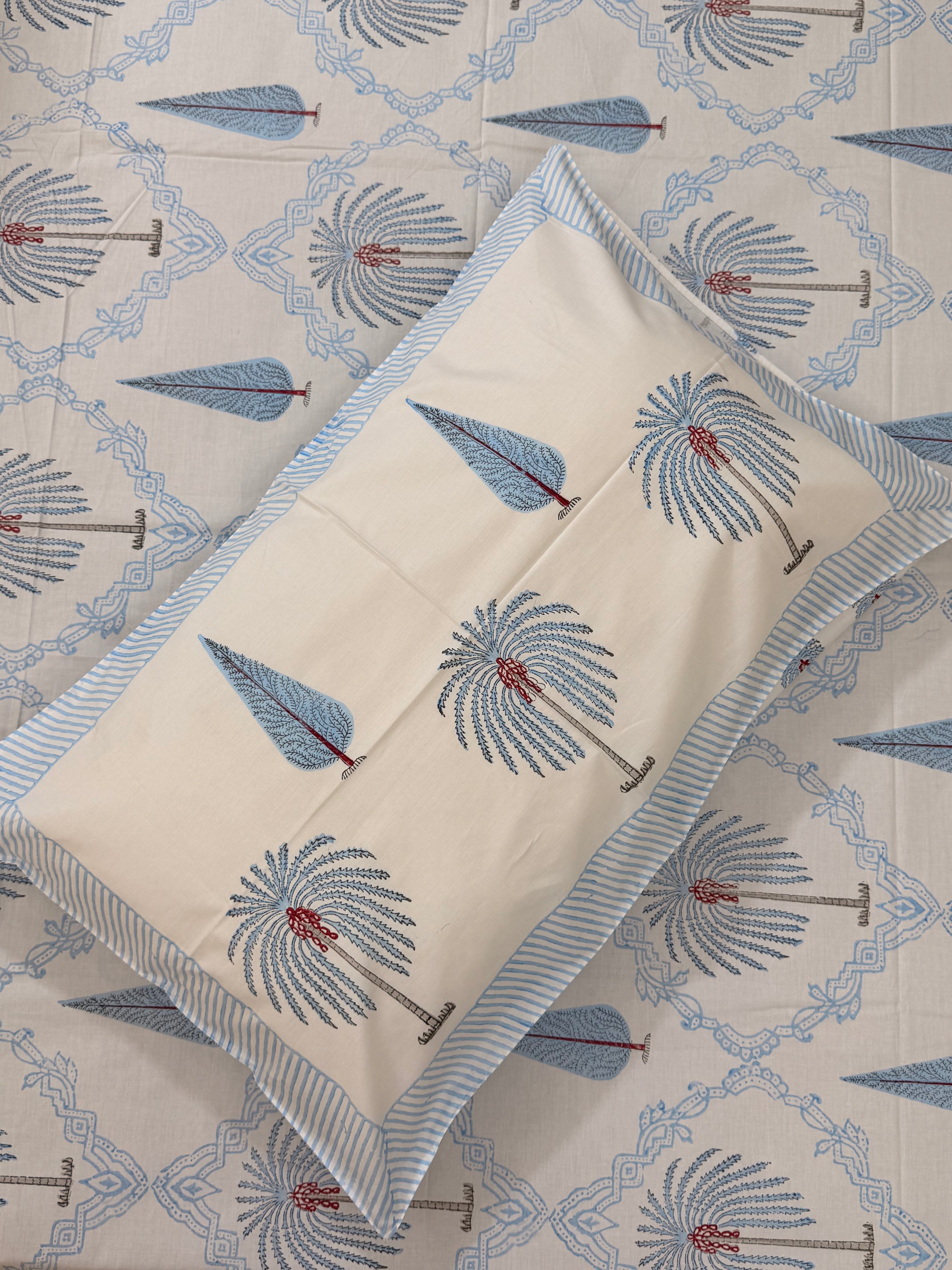 MAMA needs Premium California King Hast Kala Percale Cotton Bedsheets (Date Palm Blue) 108X108 inches