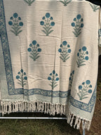 Slub Cotton Sofa Throw (Blue Floral Print)