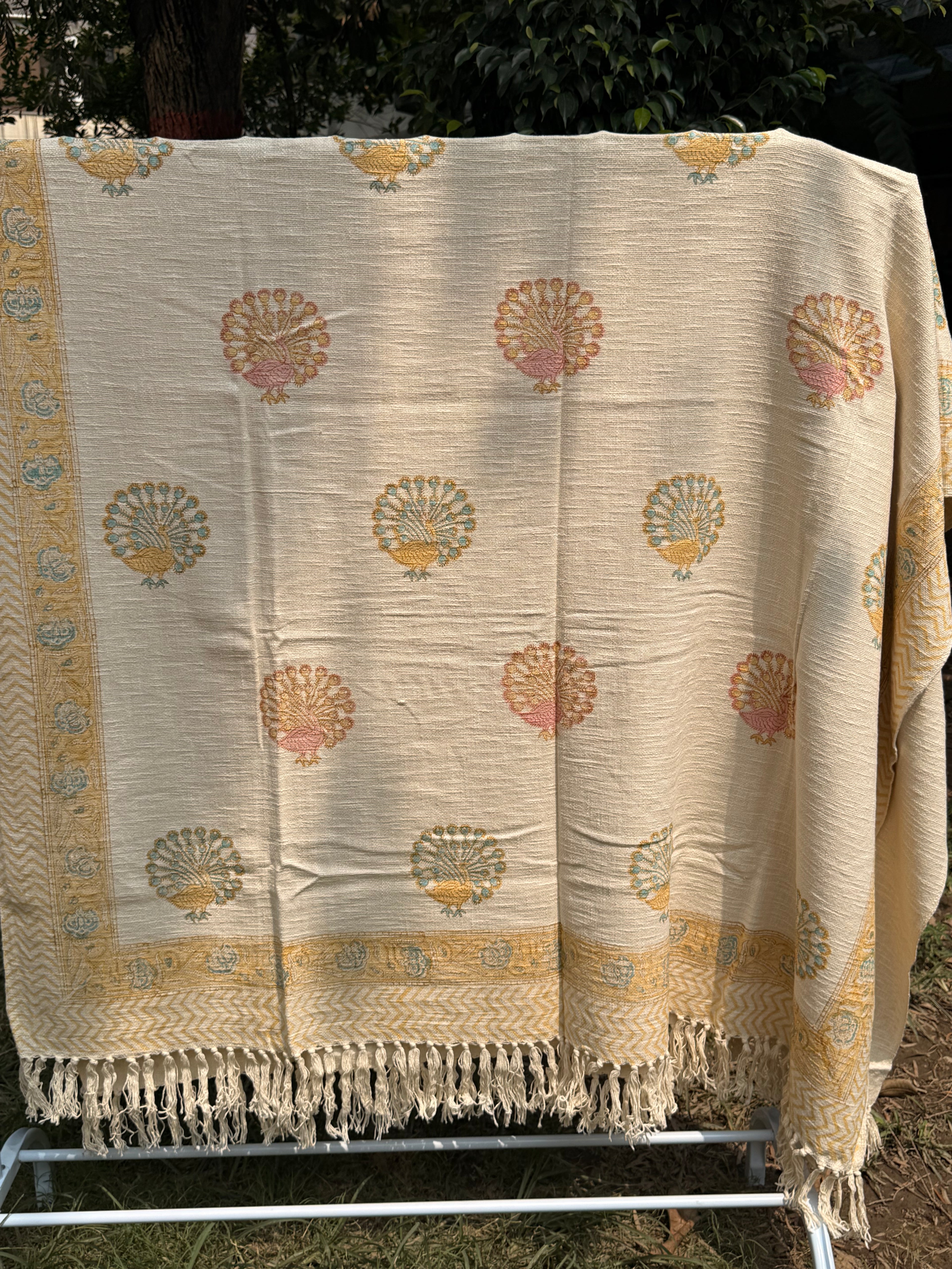 Slub Cotton Sofa Throw (Multi Color Peacock Print)