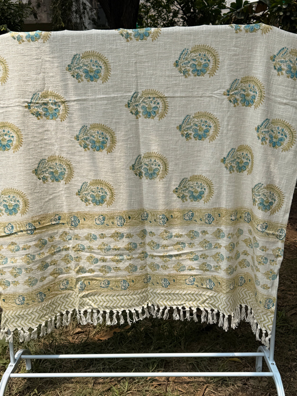 Slub Cotton Sofa Throw Compact (Teal Blue Motif Print)