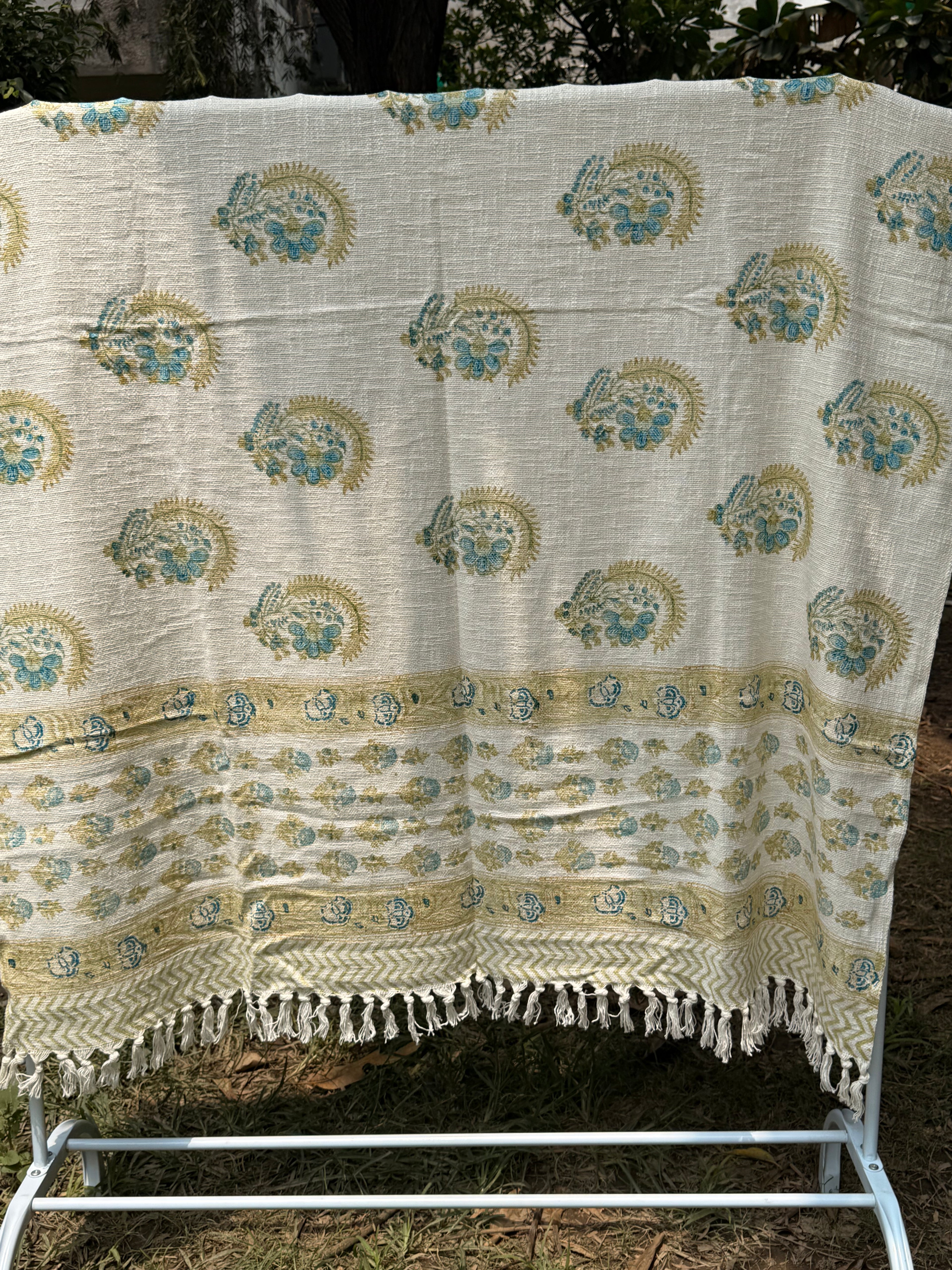 Slub Cotton Sofa Throw Compact (Teal Blue Motif Print)