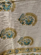 Slub Cotton Sofa Throw Compact (Teal Blue Motif Print)
