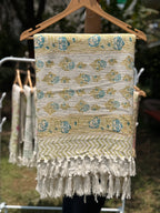 Slub Cotton Sofa Throw Compact (Teal Blue Motif Print)