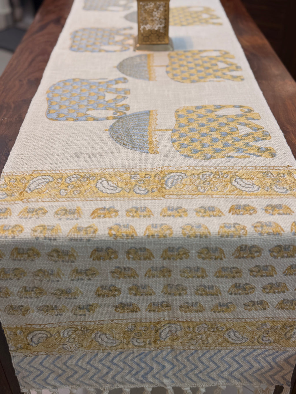 Jute Cotton Table Runner ( Yellow & Chalk Blue Elephant Print)