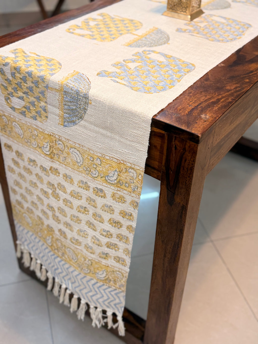 Jute Cotton Table Runner ( Yellow & Chalk Blue Elephant Print)