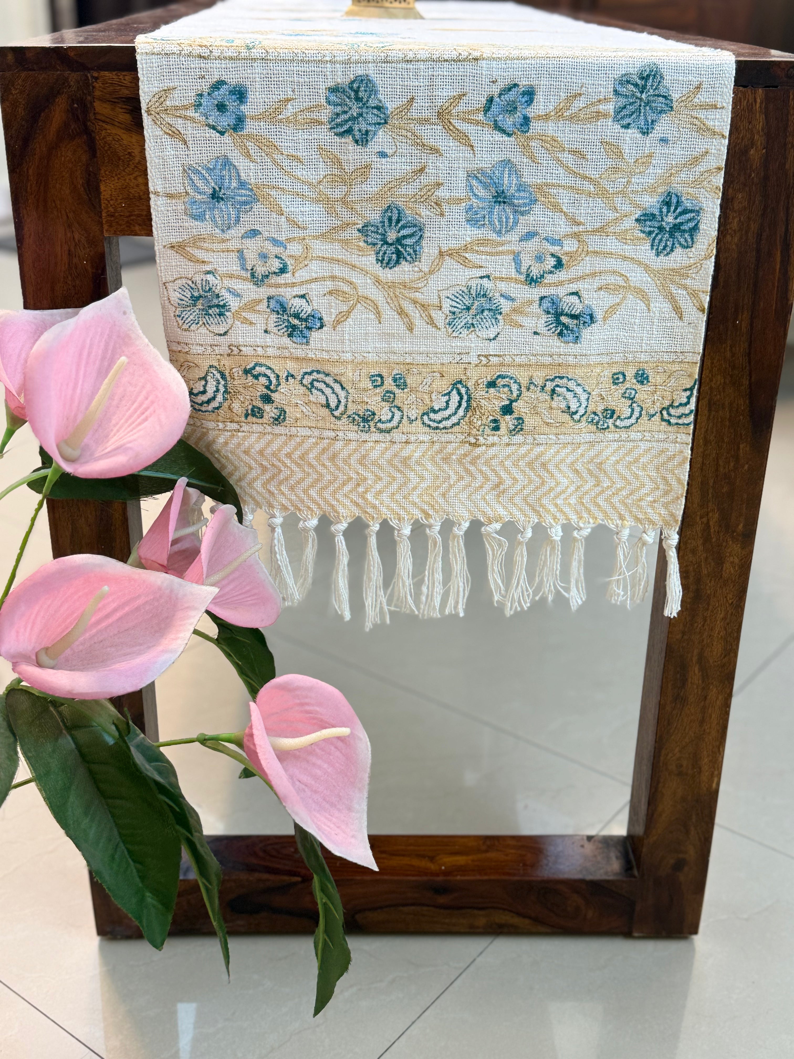 Jute Cotton Table Runner (  Blue & Beige Floral Print)