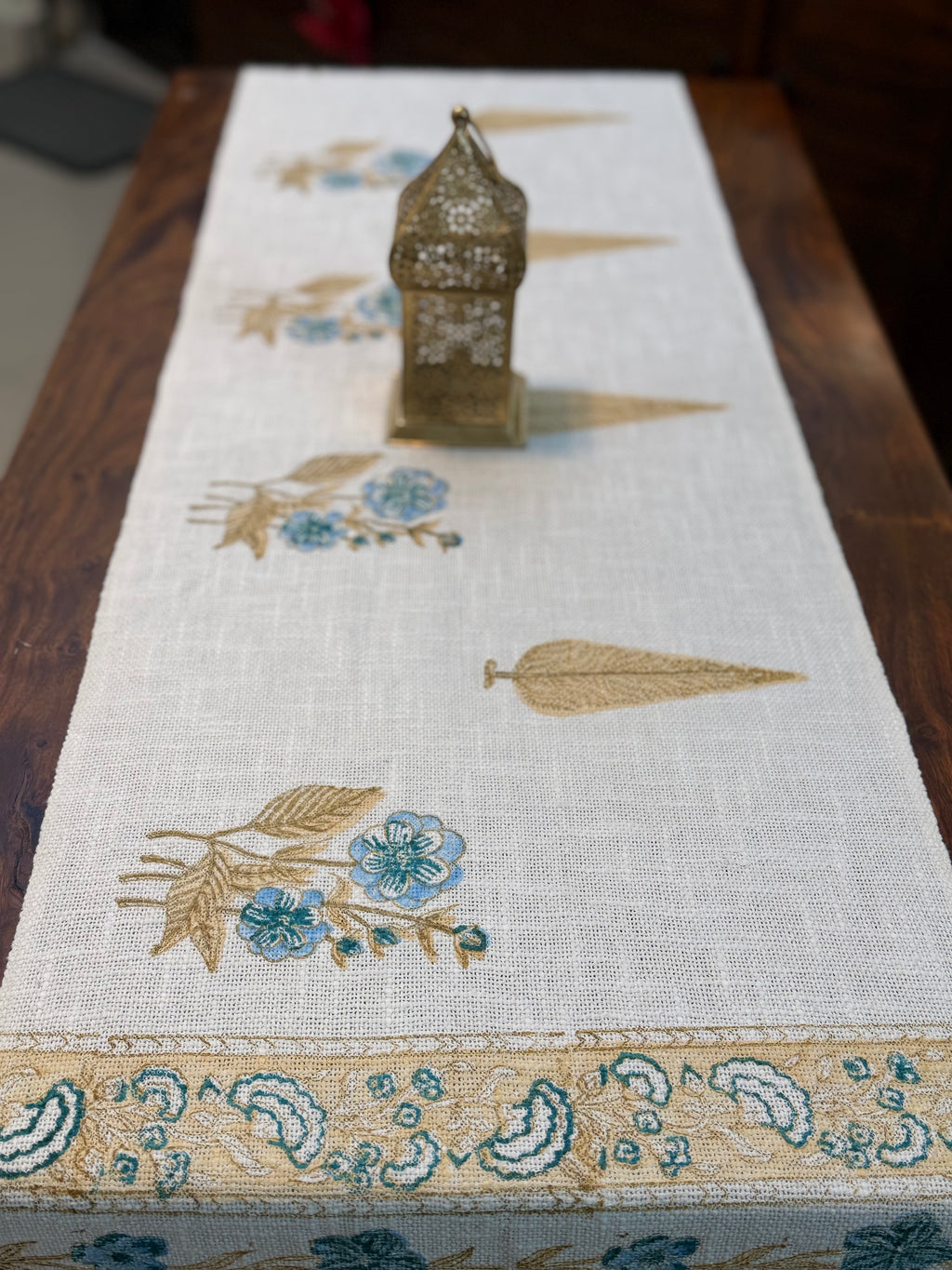 Jute Cotton Table Runner (  Blue & Beige Floral Print)