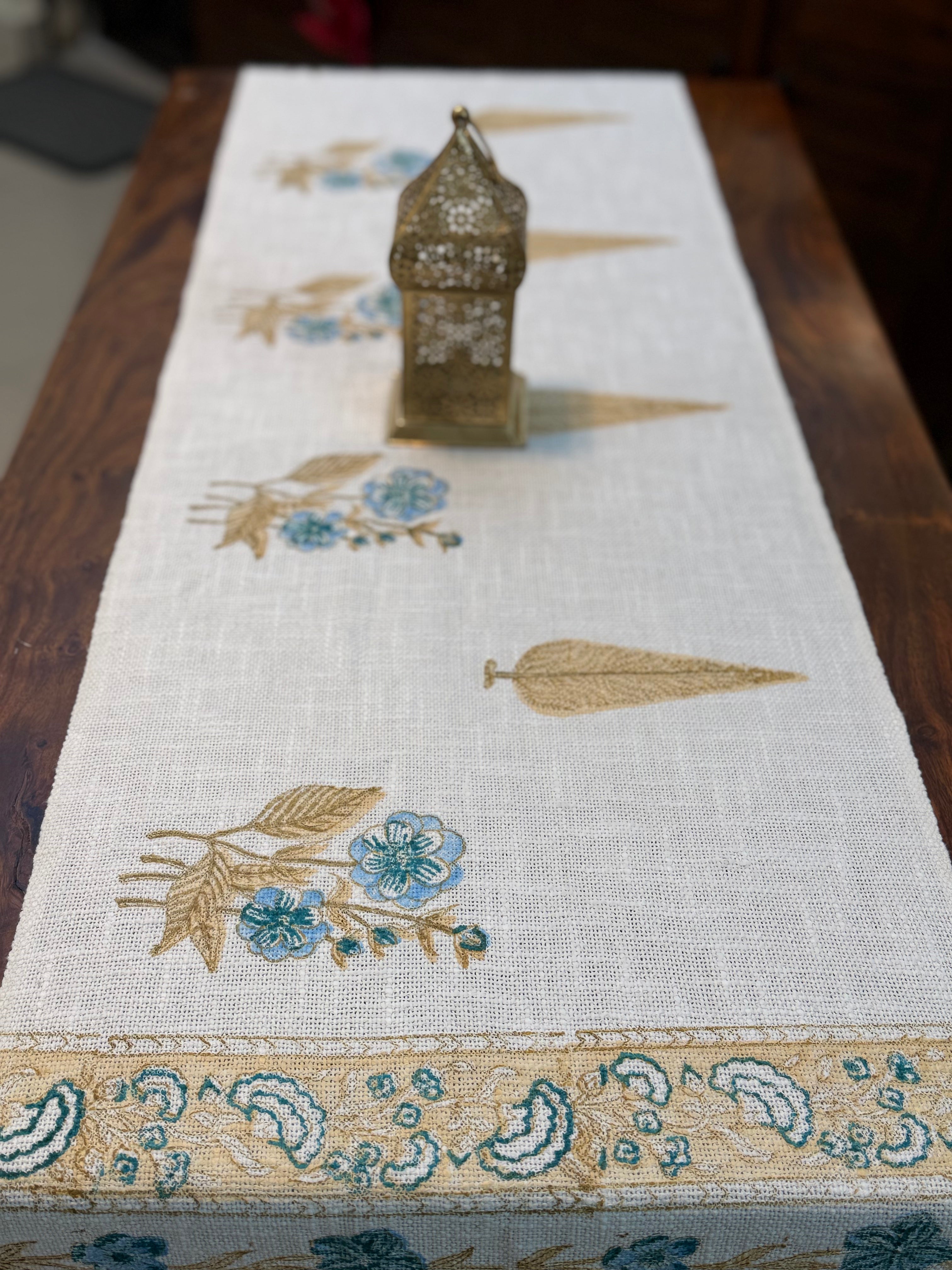 Jute Cotton Table Runner (  Blue & Beige Floral Print)