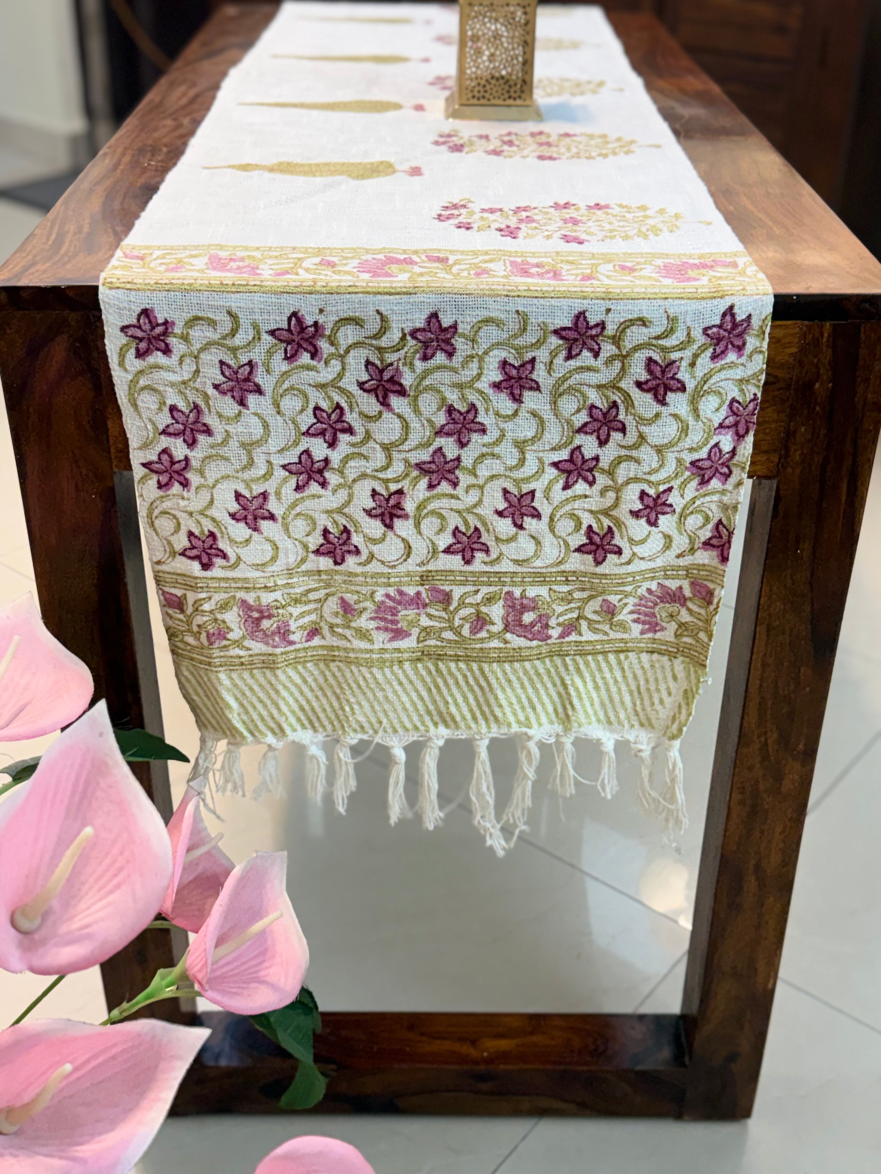Jute Cotton Table Runner ( Pink & Green Star Floral Print)