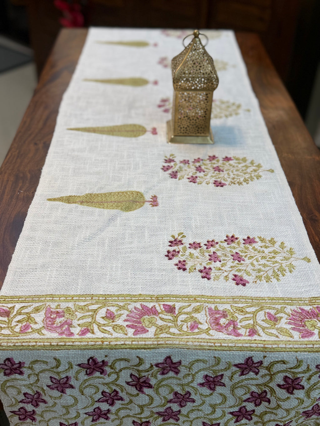 Jute Cotton Table Runner ( Pink & Green Star Floral Print)