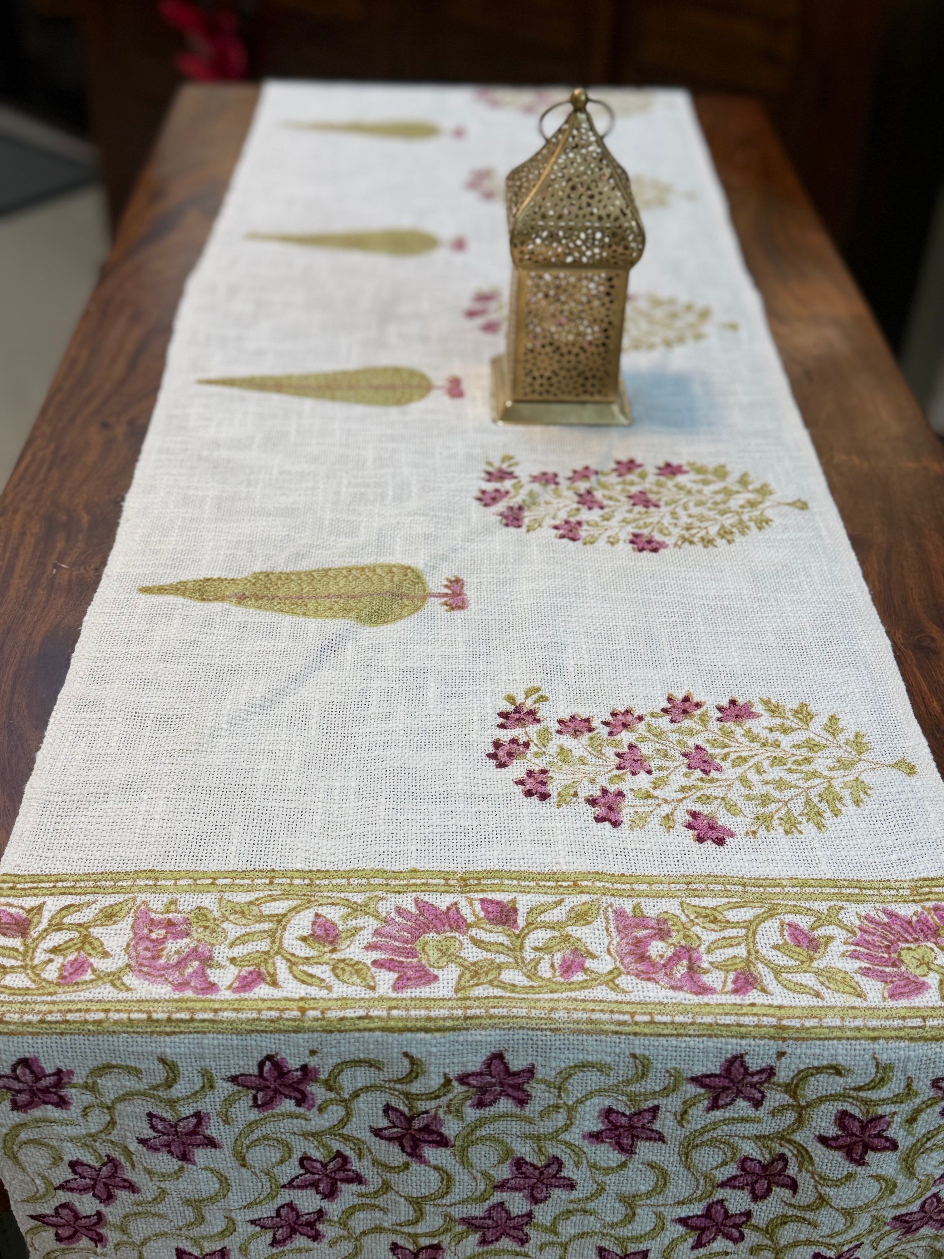 Jute Cotton Table Runner ( Pink & Green Star Floral Print)