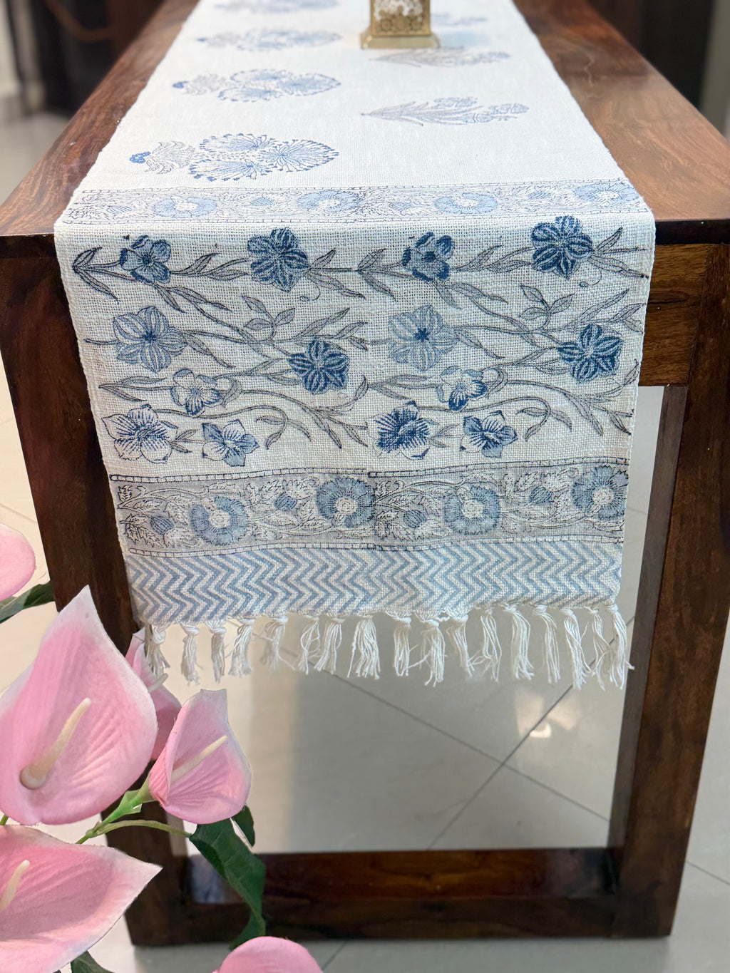 Jute Cotton Table Runner ( Blue Triple Flower Print)