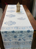 Jute Cotton Table Runner ( Blue Triple Flower Print)