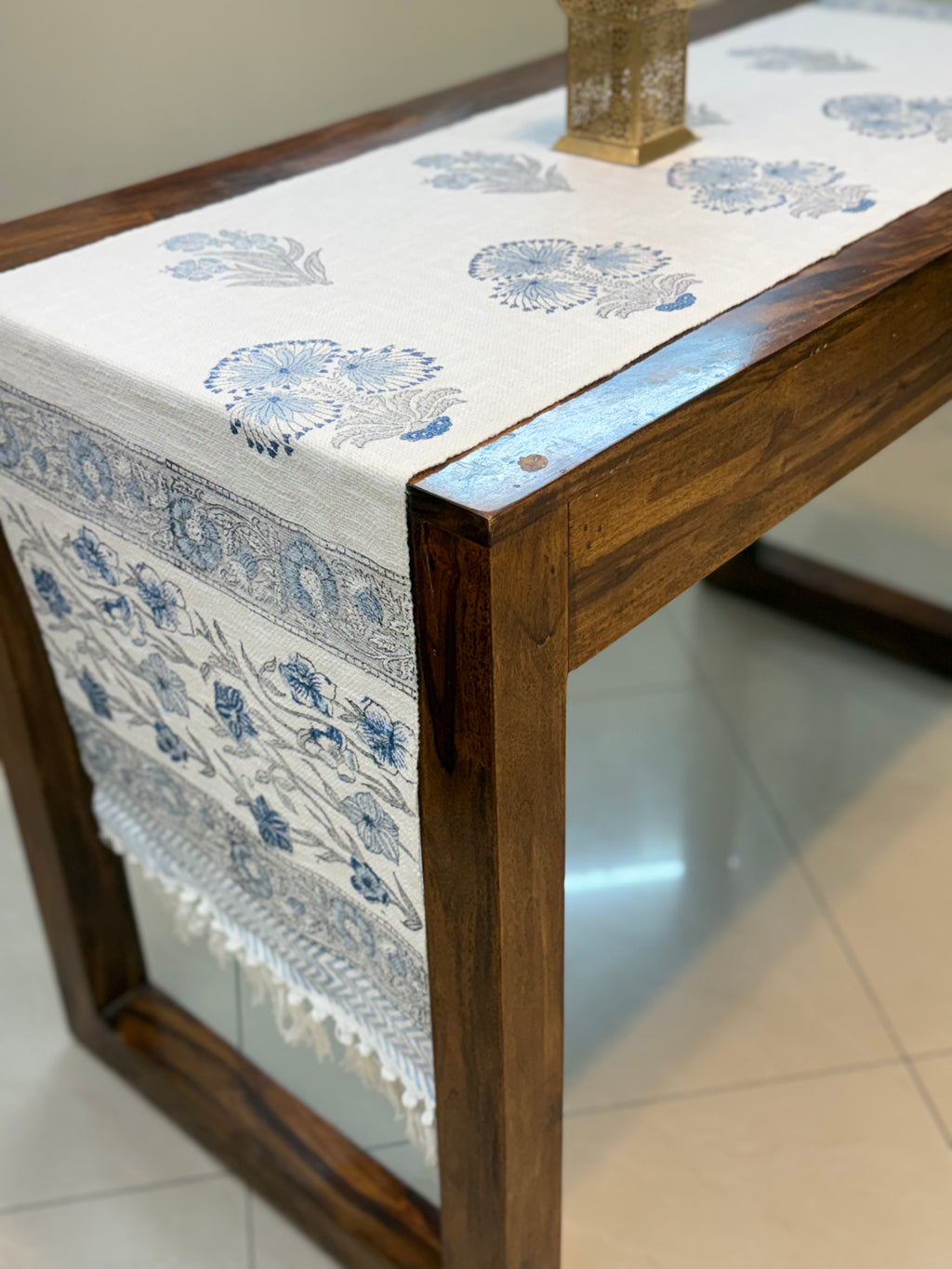 Jute Cotton Table Runner ( Blue Triple Flower Print)