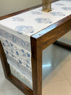 Jute Cotton Table Runner ( Blue Triple Flower Print)