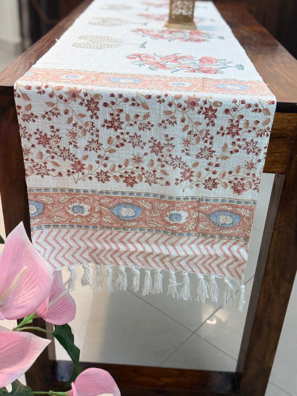 Jute Cotton Table Runner (Peach Flower & Bel Print)