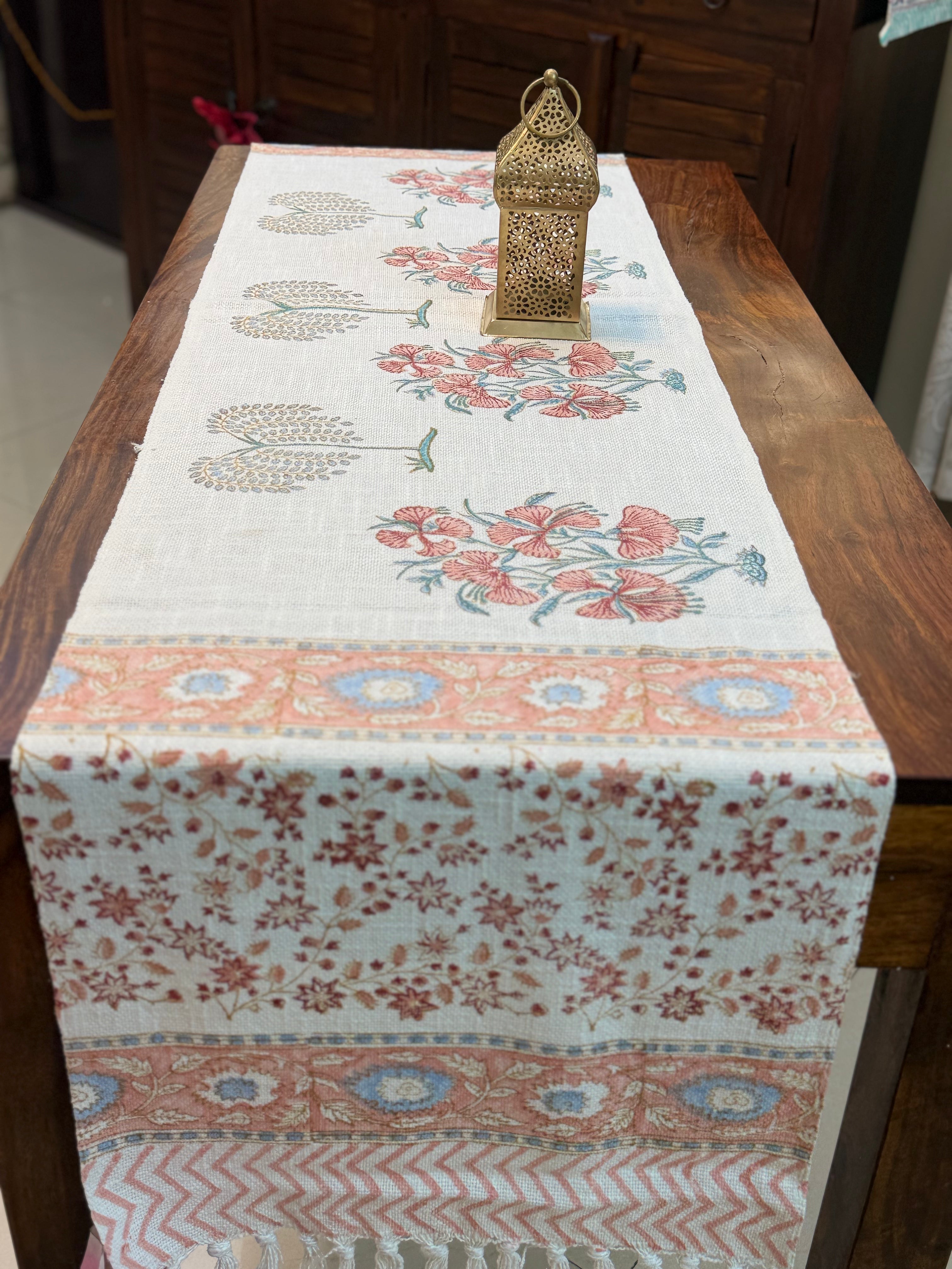 Jute Cotton Table Runner (Peach Flower & Bel Print)