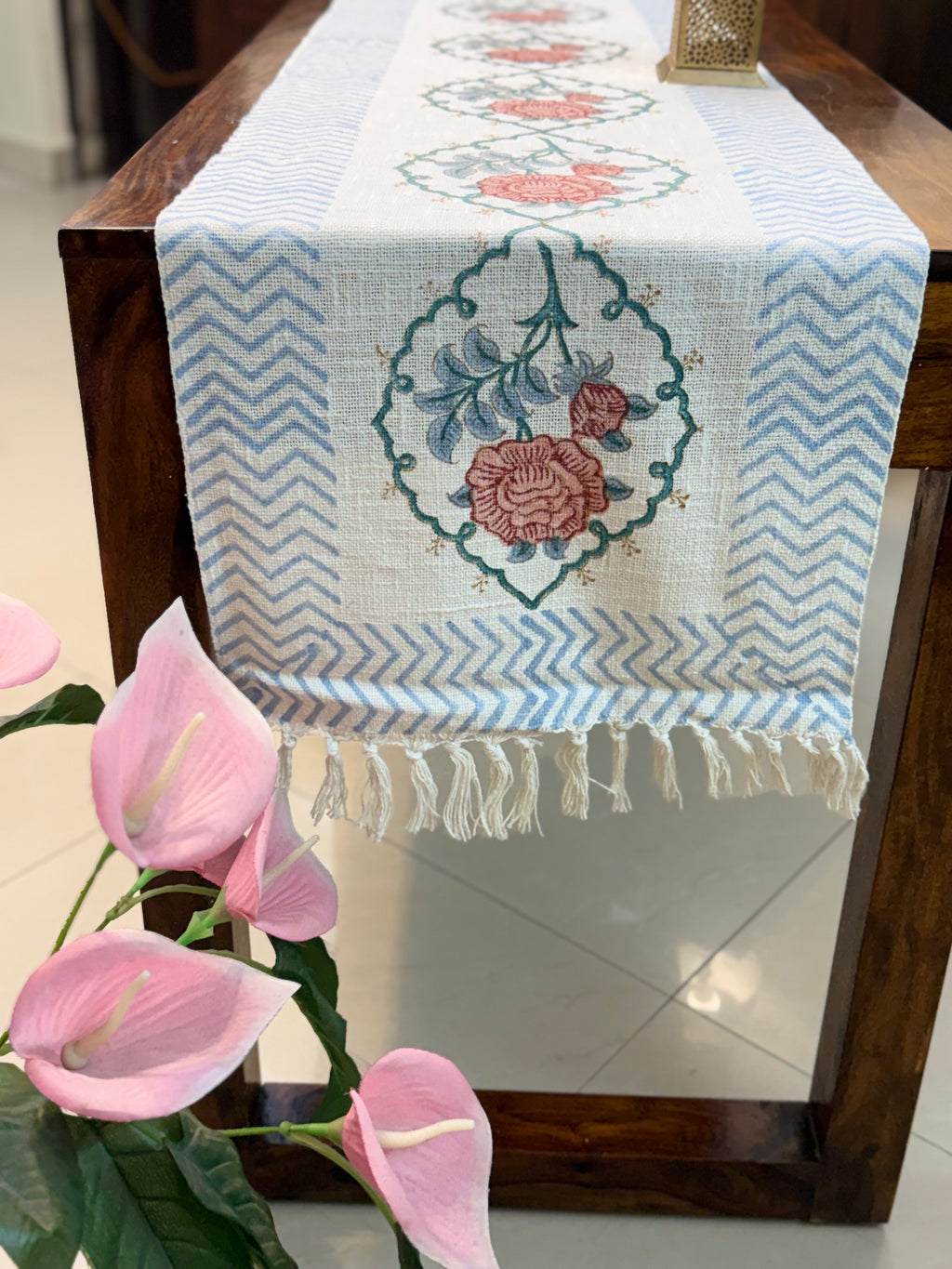 Jute Cotton Table Runner ( Pink Floral Bel Print)