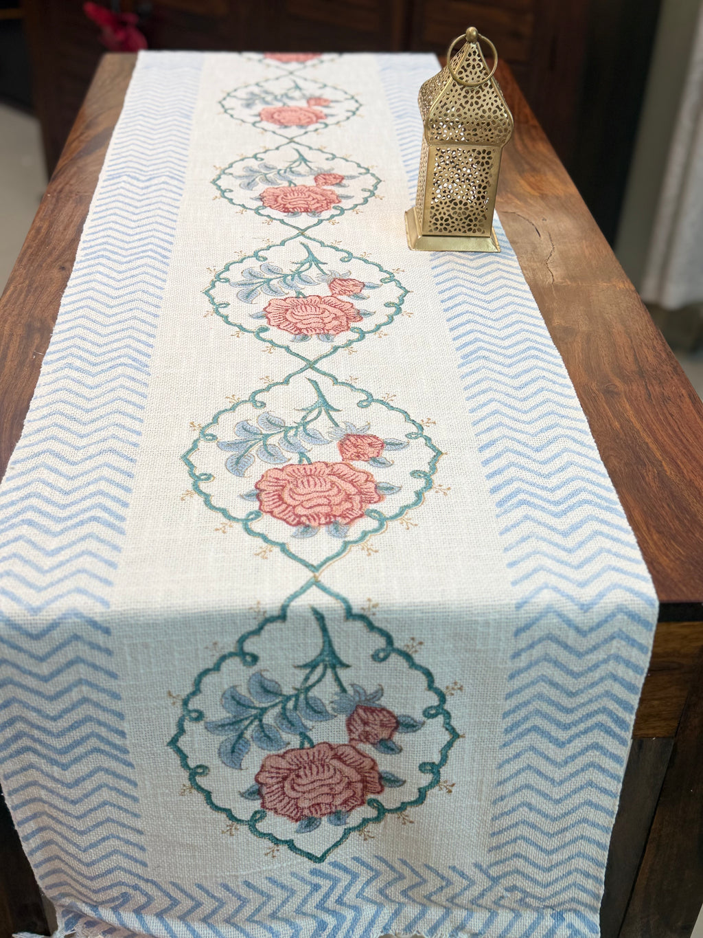 Jute Cotton Table Runner ( Pink Floral Bel Print)
