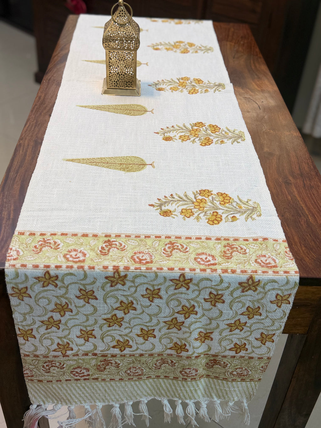 Jute Cotton Table Runner (Yellow Floral Leaf Print)