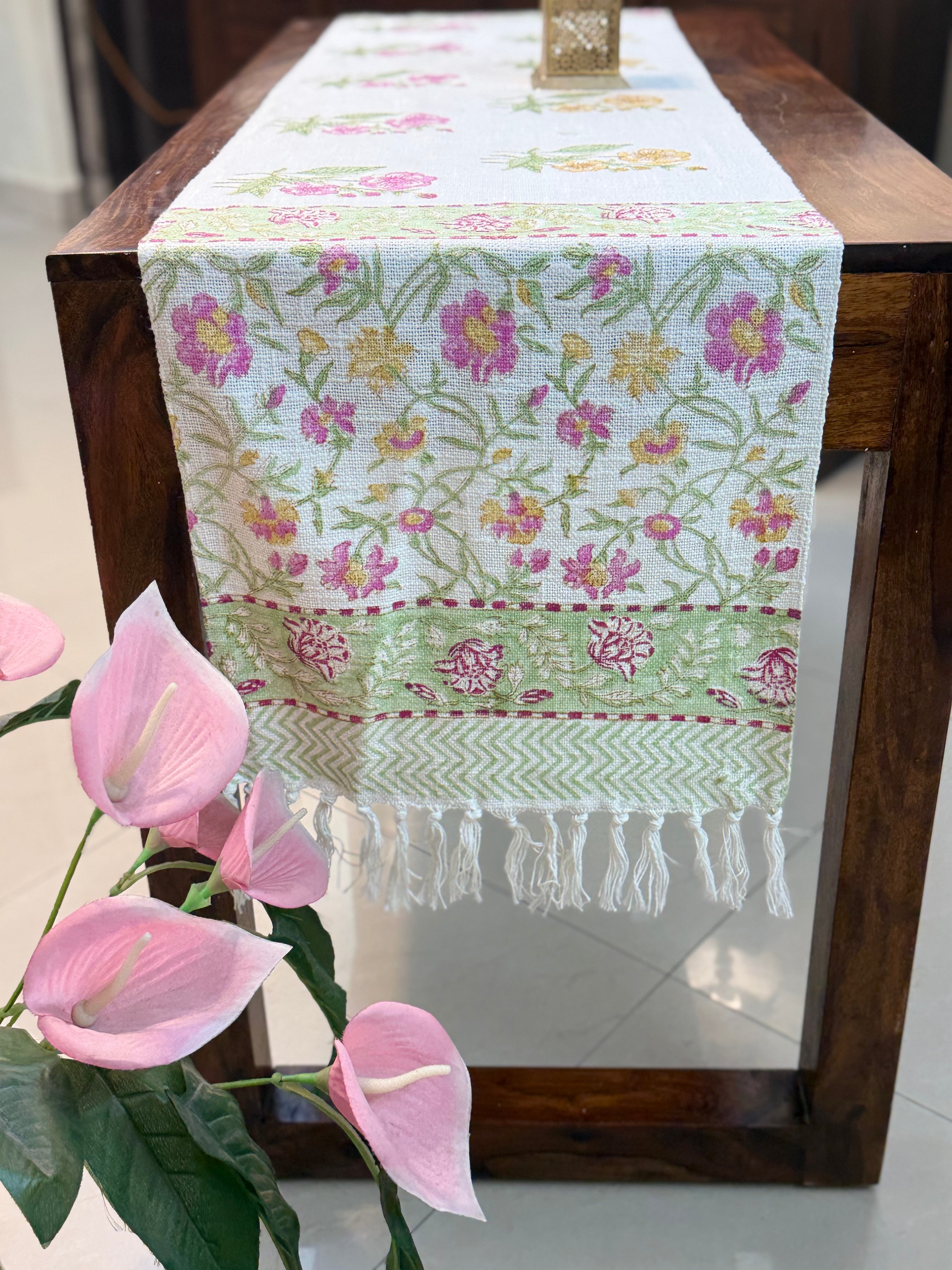 Jute Cotton Table Runner ( Yellow & Pink Floral Print)