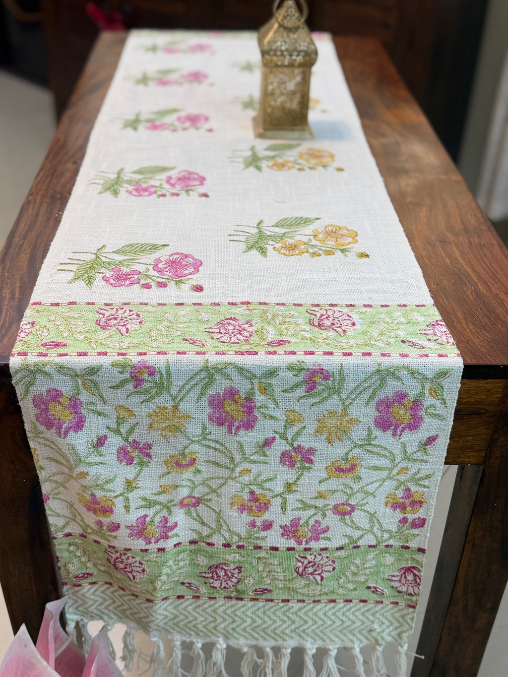 Jute Cotton Table Runner ( Yellow & Pink Floral Print)
