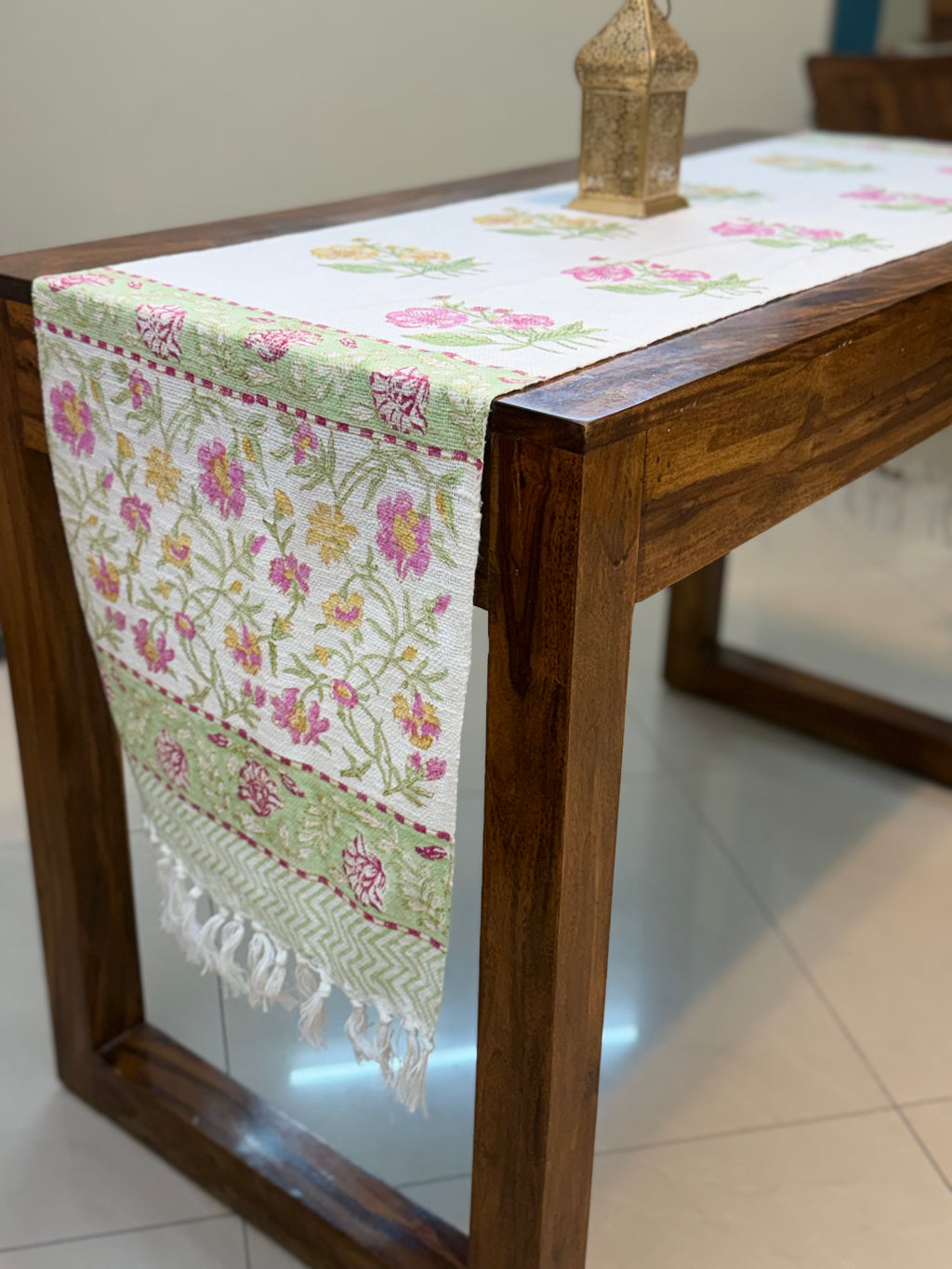 Jute Cotton Table Runner ( Yellow & Pink Floral Print)
