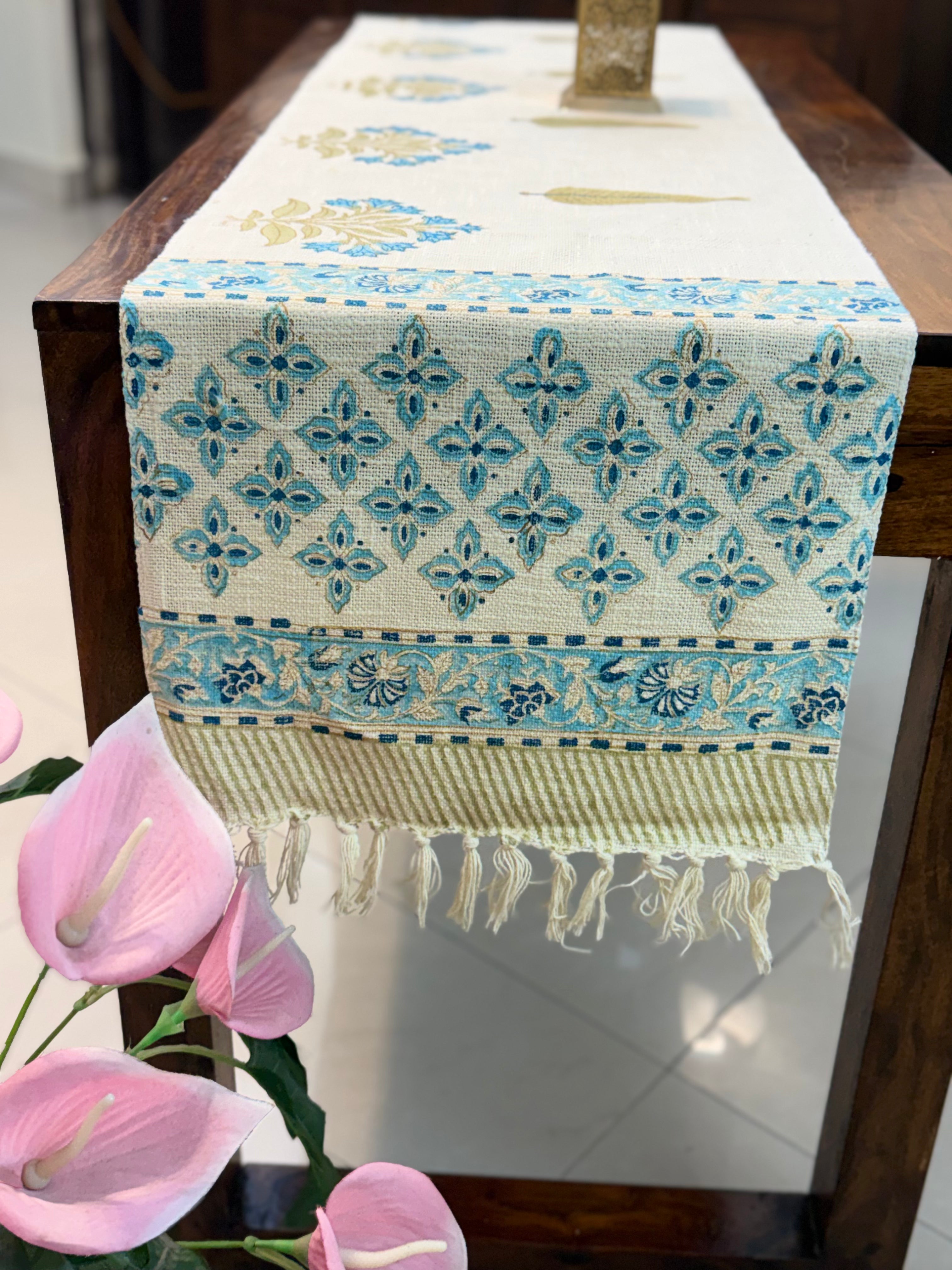 Jute Cotton Table Runner (Neon Blue Floral Print)