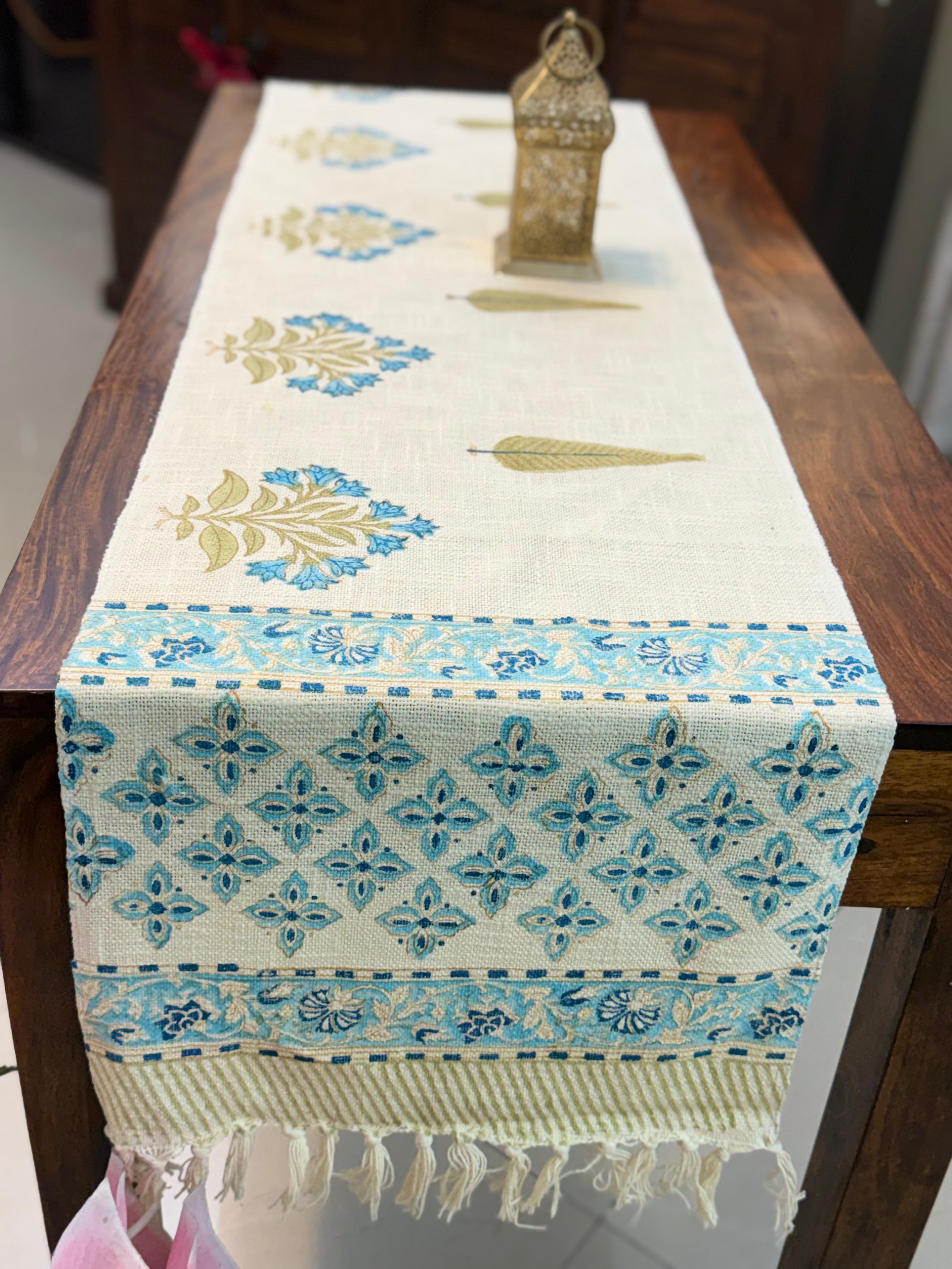 Jute Cotton Table Runner (Neon Blue Floral Print)
