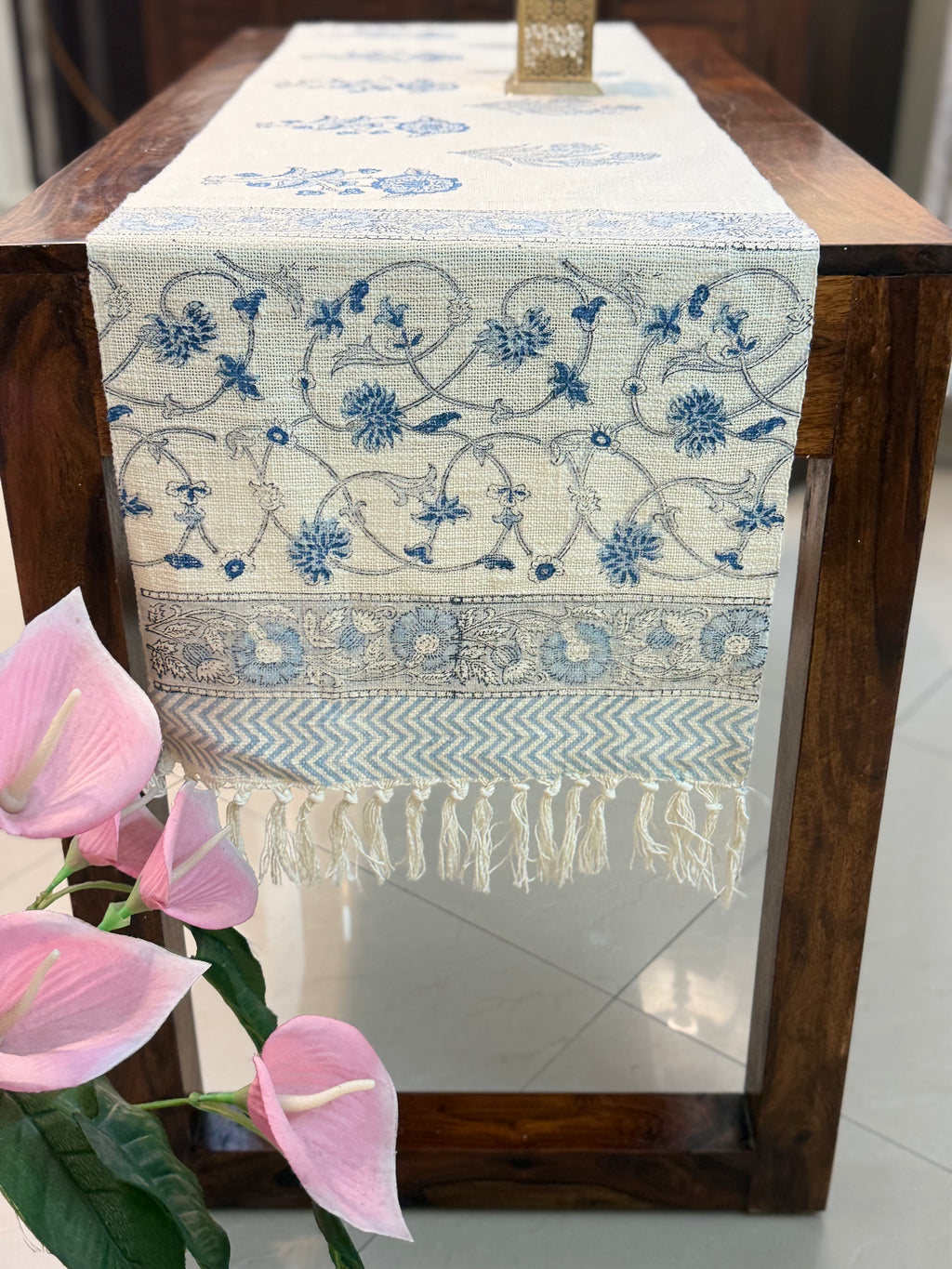 Jute Cotton Table Runner (Blue Joda Floral Print)