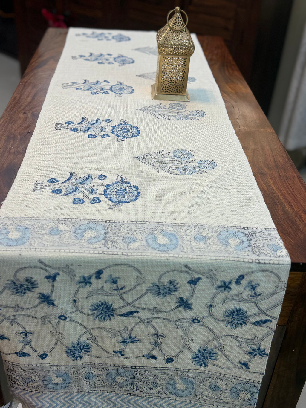Jute Cotton Table Runner (Blue Joda Floral Print)