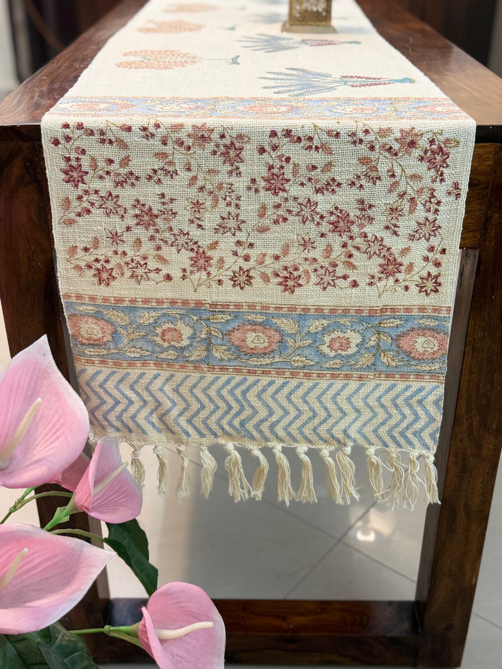 Jute Cotton Table Runner (Pink Palm Leaf Print)
