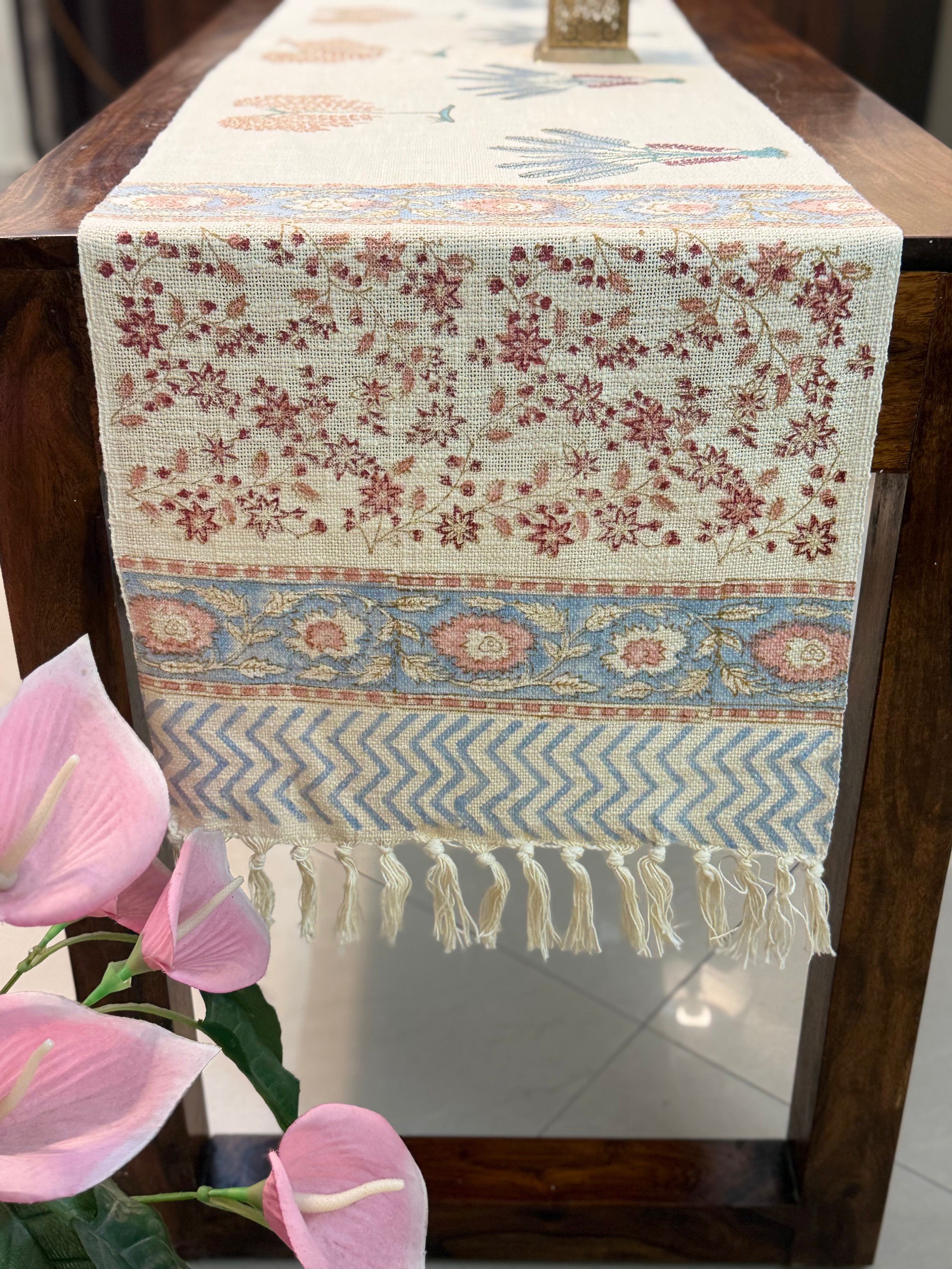 Jute Cotton Table Runner (Pink Palm Leaf Print)
