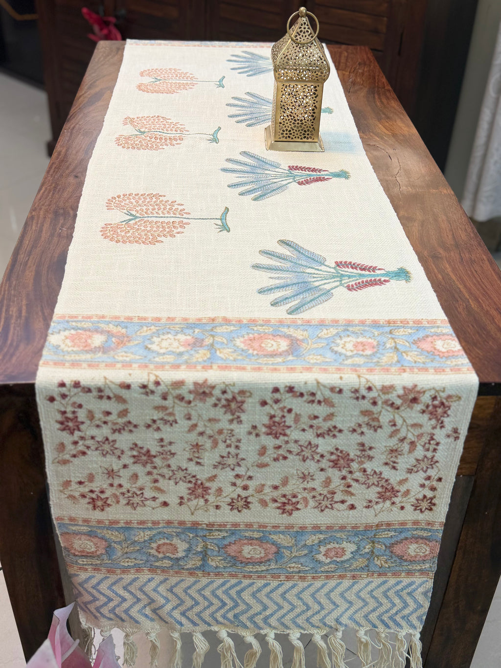 Jute Cotton Table Runner (Pink Palm Leaf Print)