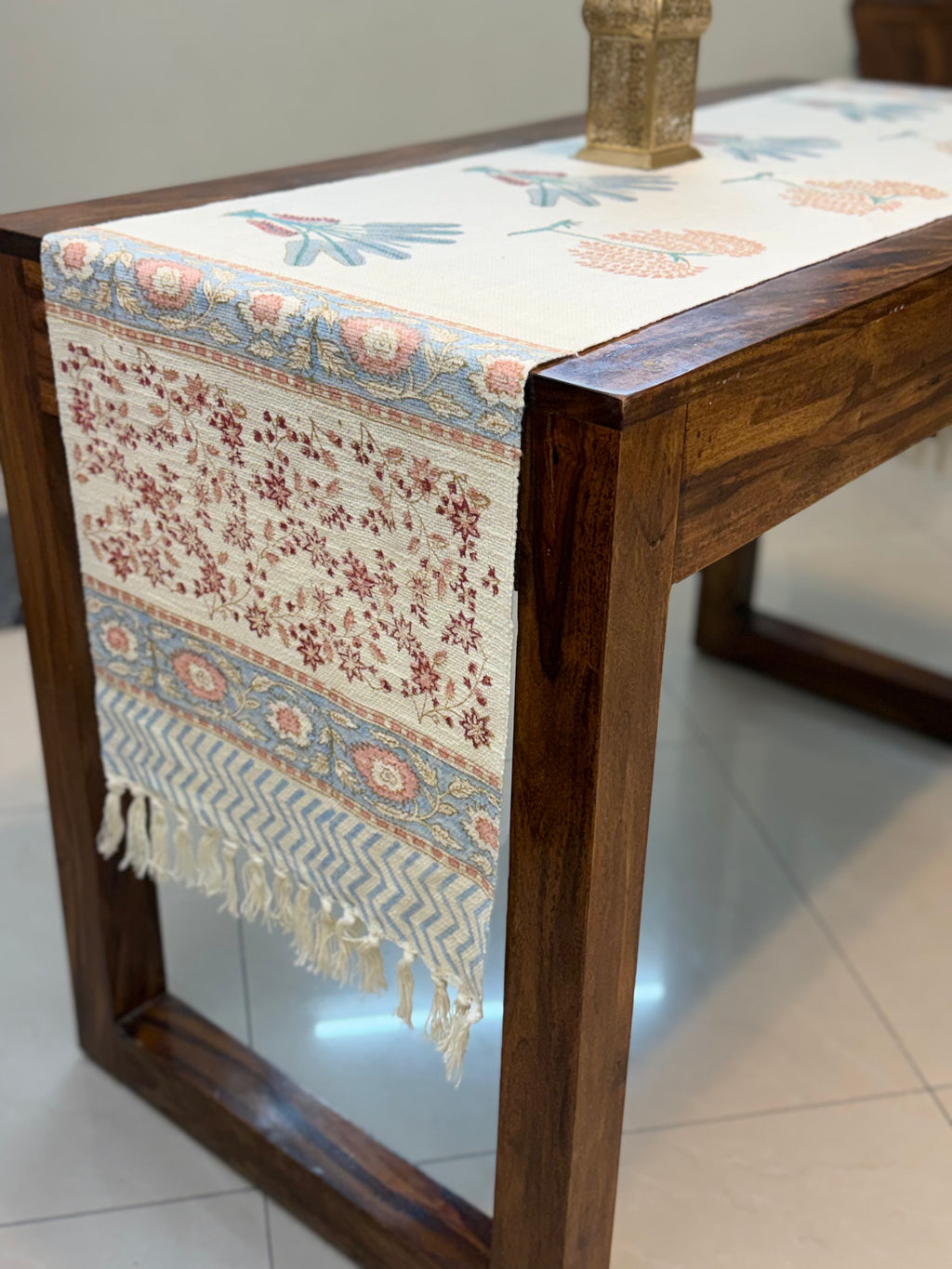 Jute Cotton Table Runner (Pink Palm Leaf Print)